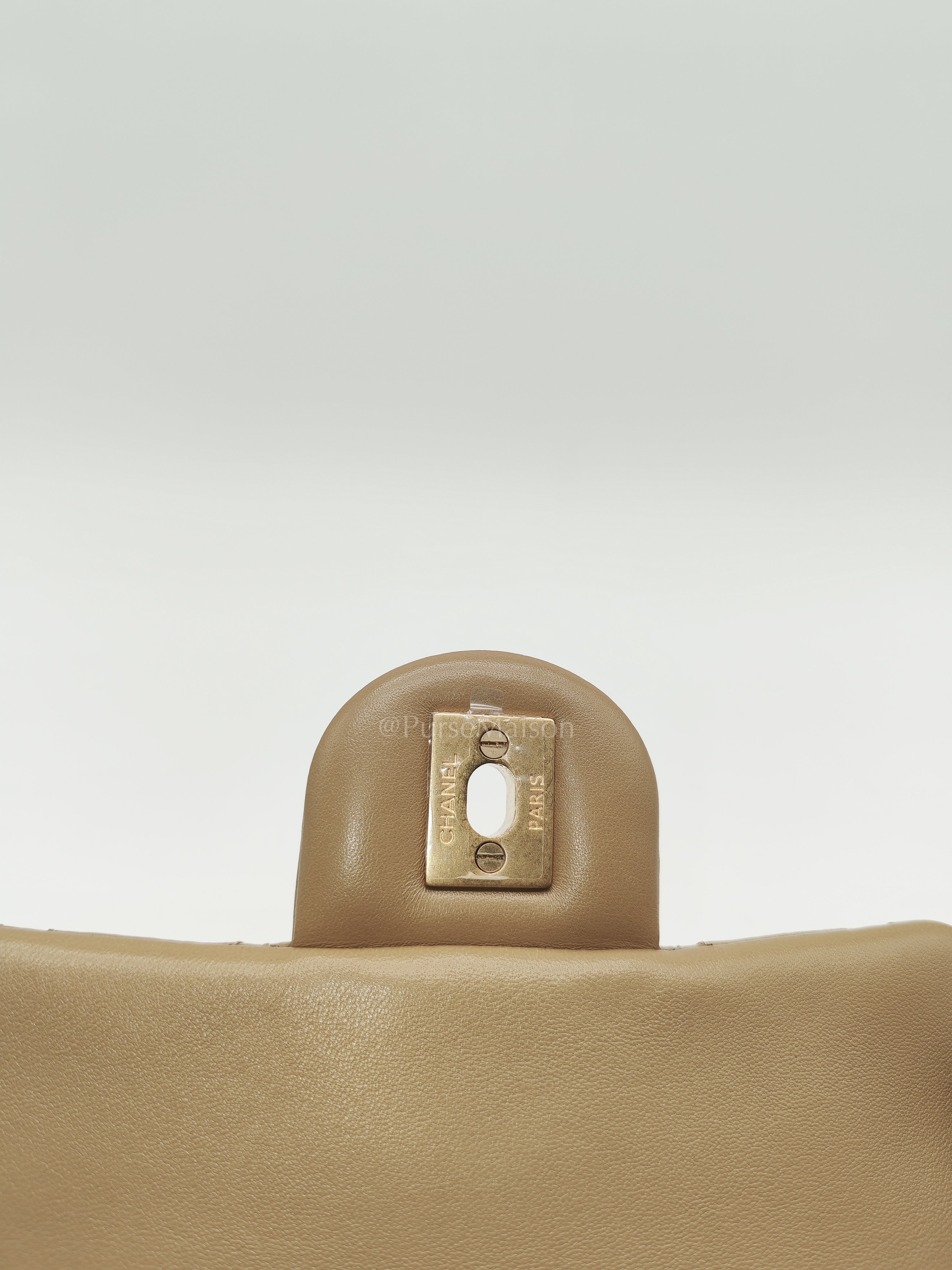 Square Mini Pearl Crush in Beige Lambskin Leather and Aged Gold Hardware (Microchip) | Purse Maison Luxury Bags Shop