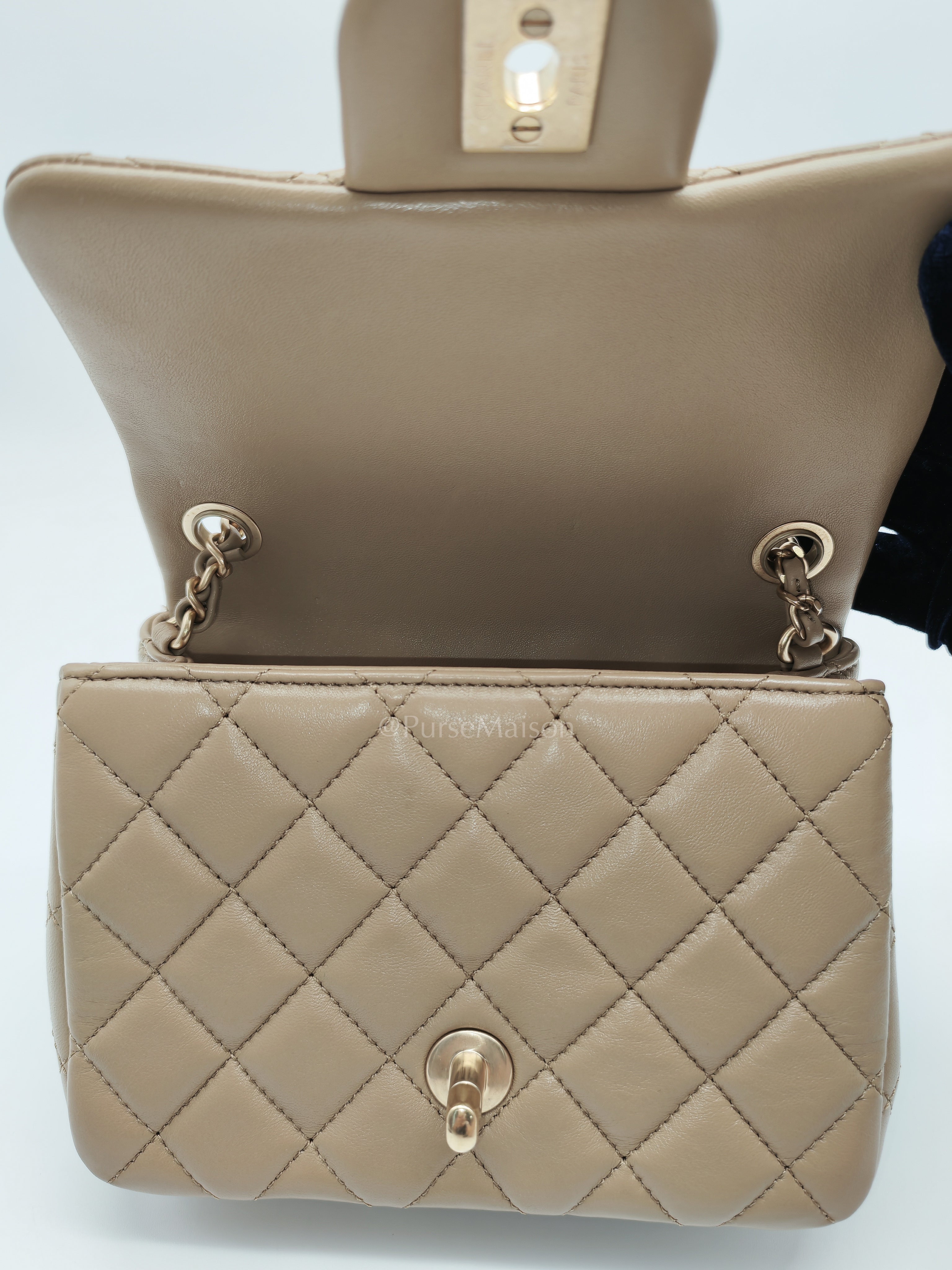 Square Mini Pearl Crush in Beige Lambskin Leather and Aged Gold Hardware (Microchip) | Purse Maison Luxury Bags Shop