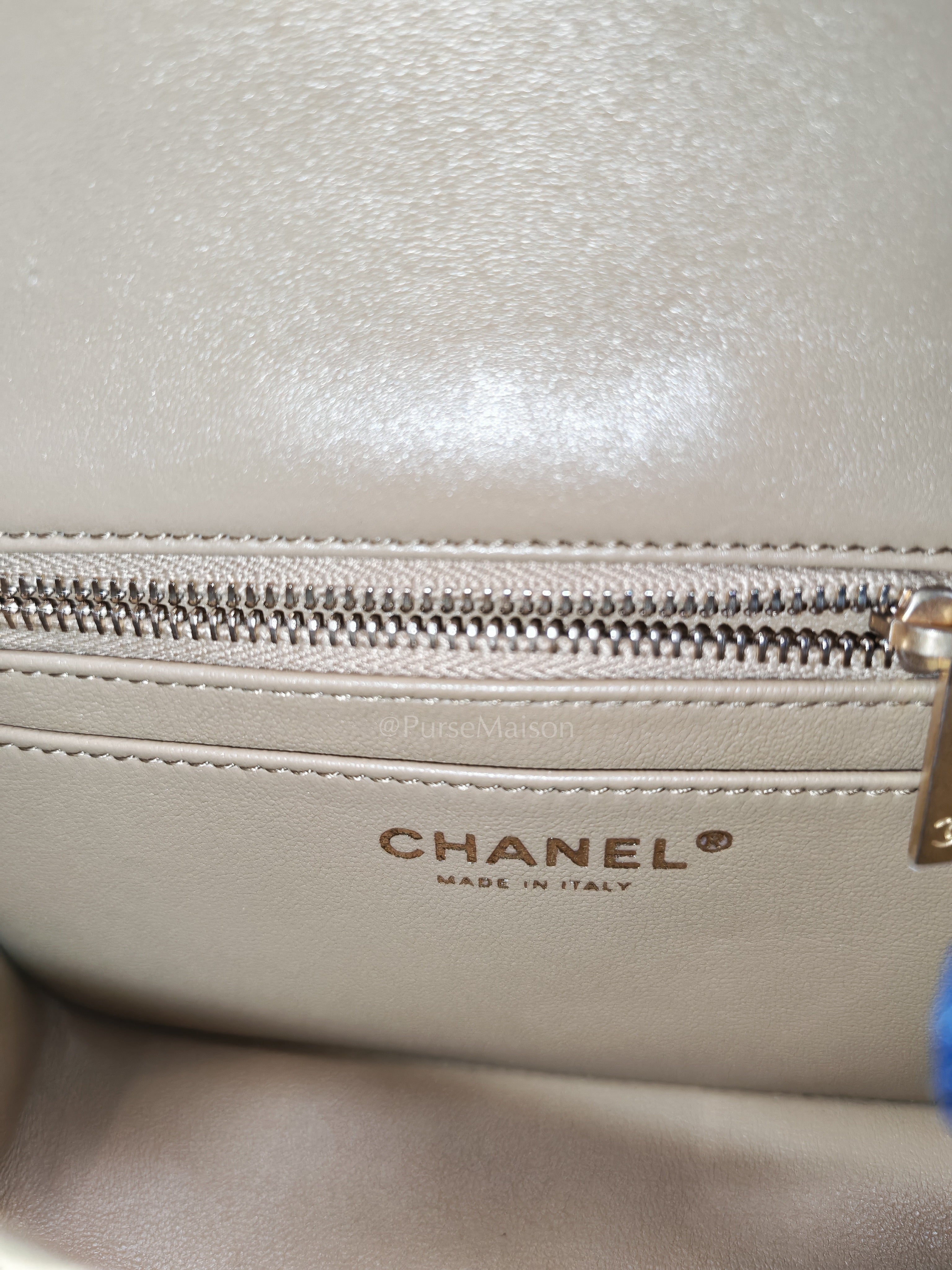 Square Mini Pearl Crush in Beige Lambskin Leather and Aged Gold Hardware (Microchip) | Purse Maison Luxury Bags Shop
