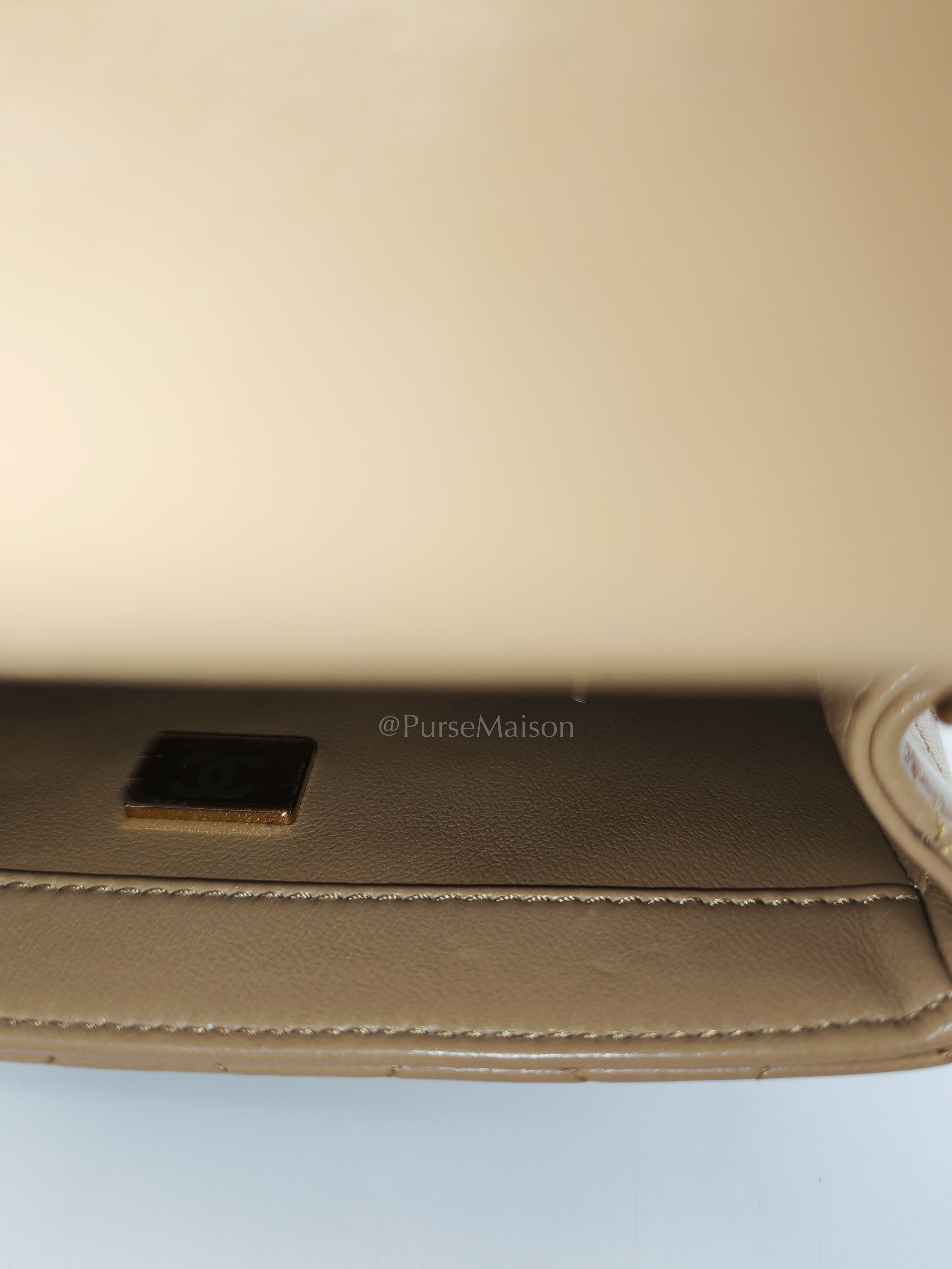 Square Mini Pearl Crush in Beige Lambskin Leather and Aged Gold Hardware (Microchip) | Purse Maison Luxury Bags Shop