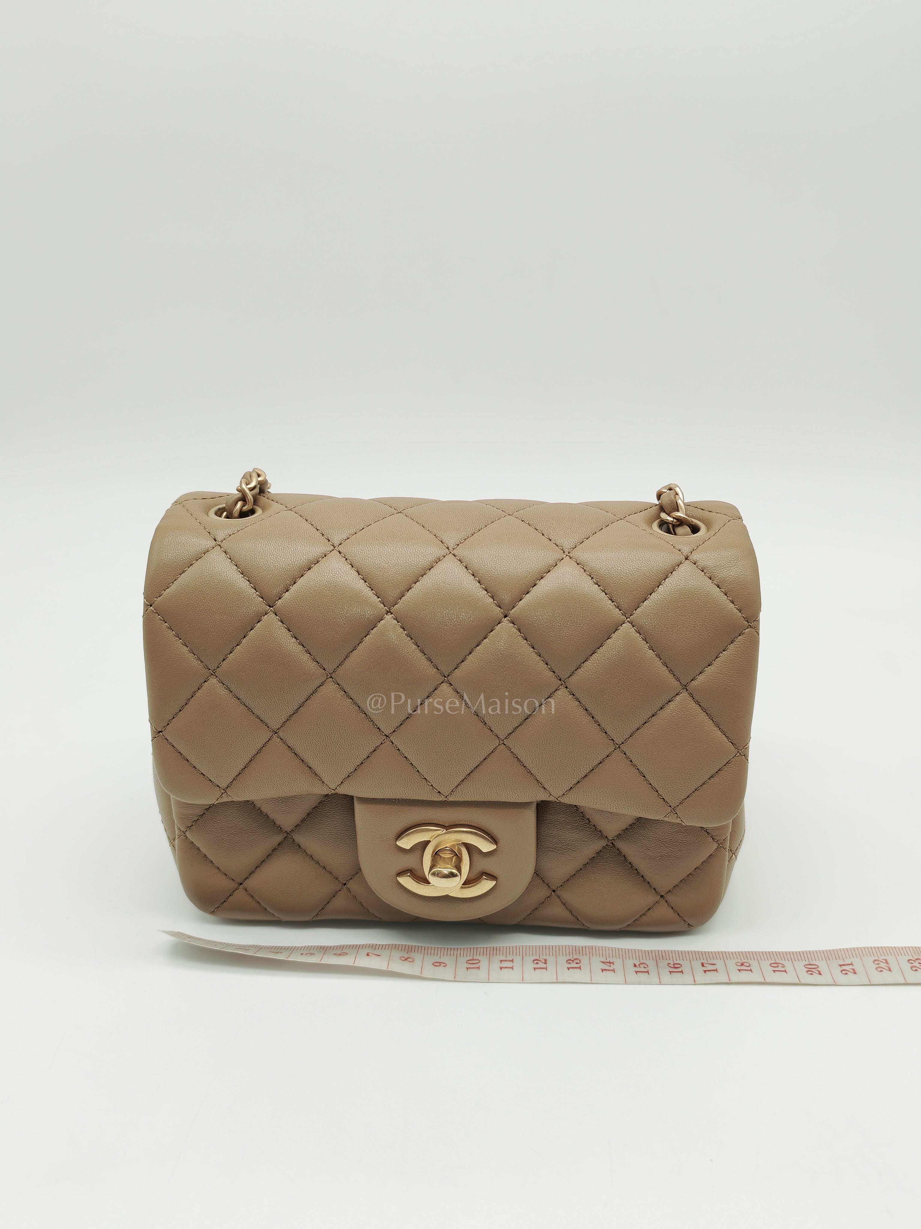 Square Mini Pearl Crush in Beige Lambskin Leather and Aged Gold Hardware (Microchip) | Purse Maison Luxury Bags Shop