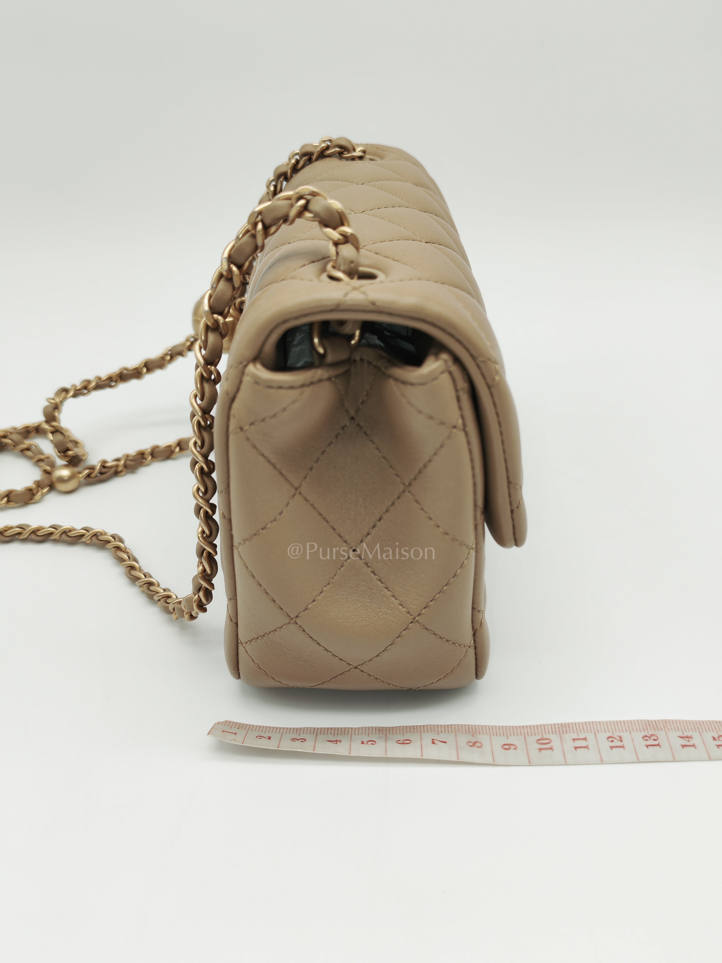 Square Mini Pearl Crush in Beige Lambskin Leather and Aged Gold Hardware (Microchip) | Purse Maison Luxury Bags Shop
