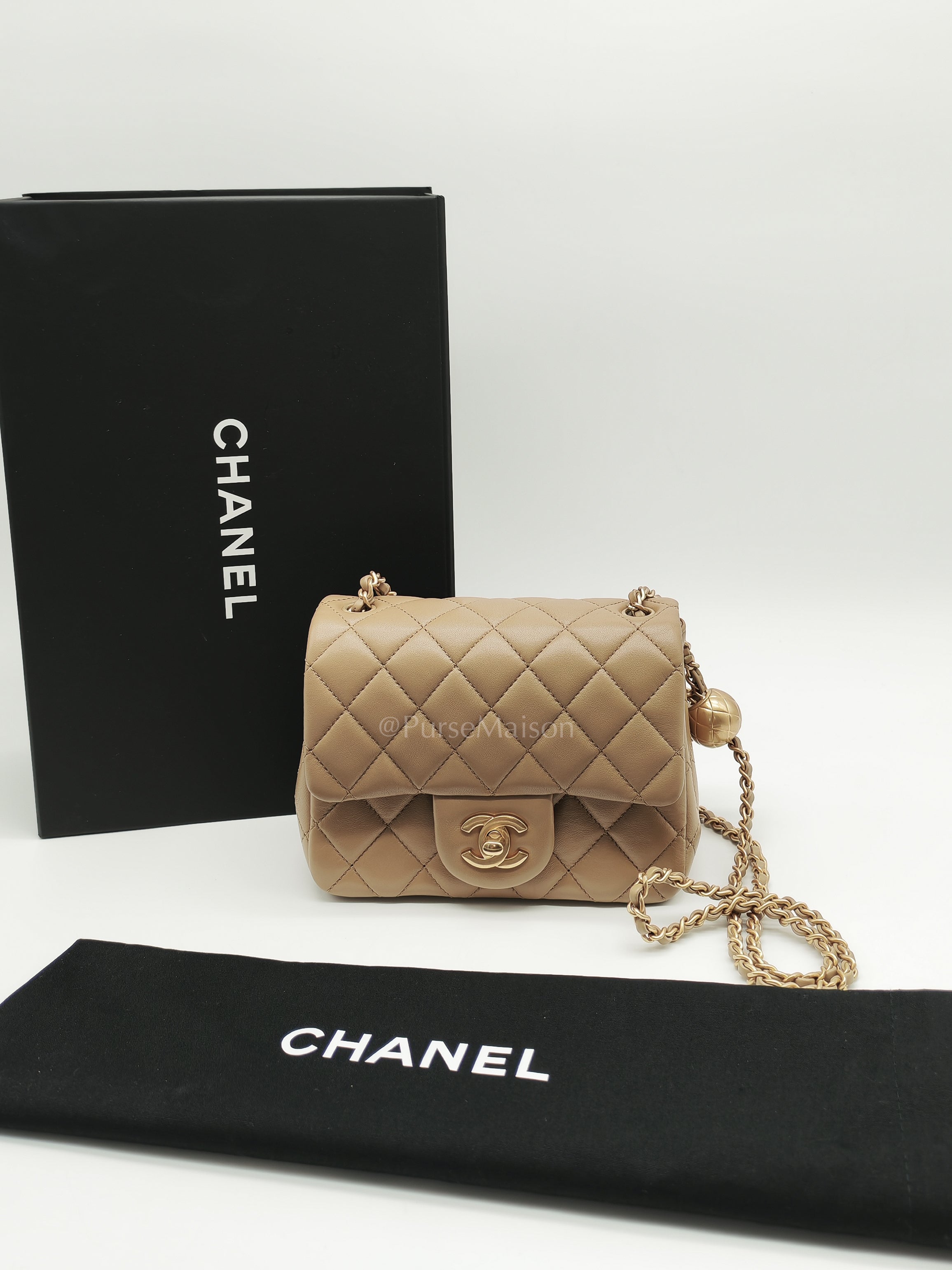 Square Mini Pearl Crush in Beige Lambskin Leather and Aged Gold Hardware (Microchip) | Purse Maison Luxury Bags Shop