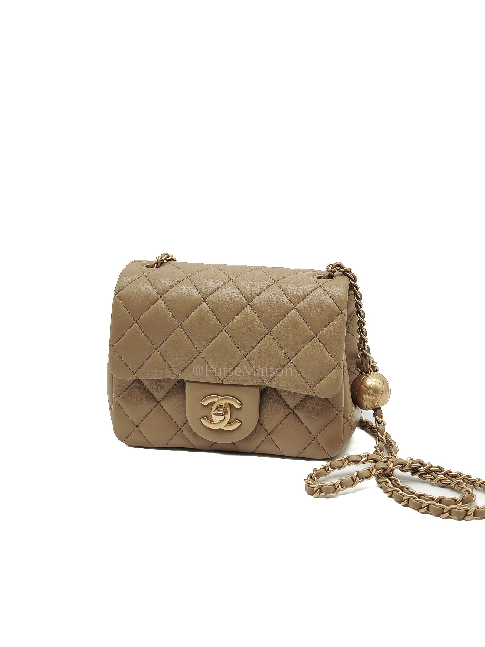 Square Mini Pearl Crush in Beige Lambskin Leather and Aged Gold Hardware (Microchip) | Purse Maison Luxury Bags Shop