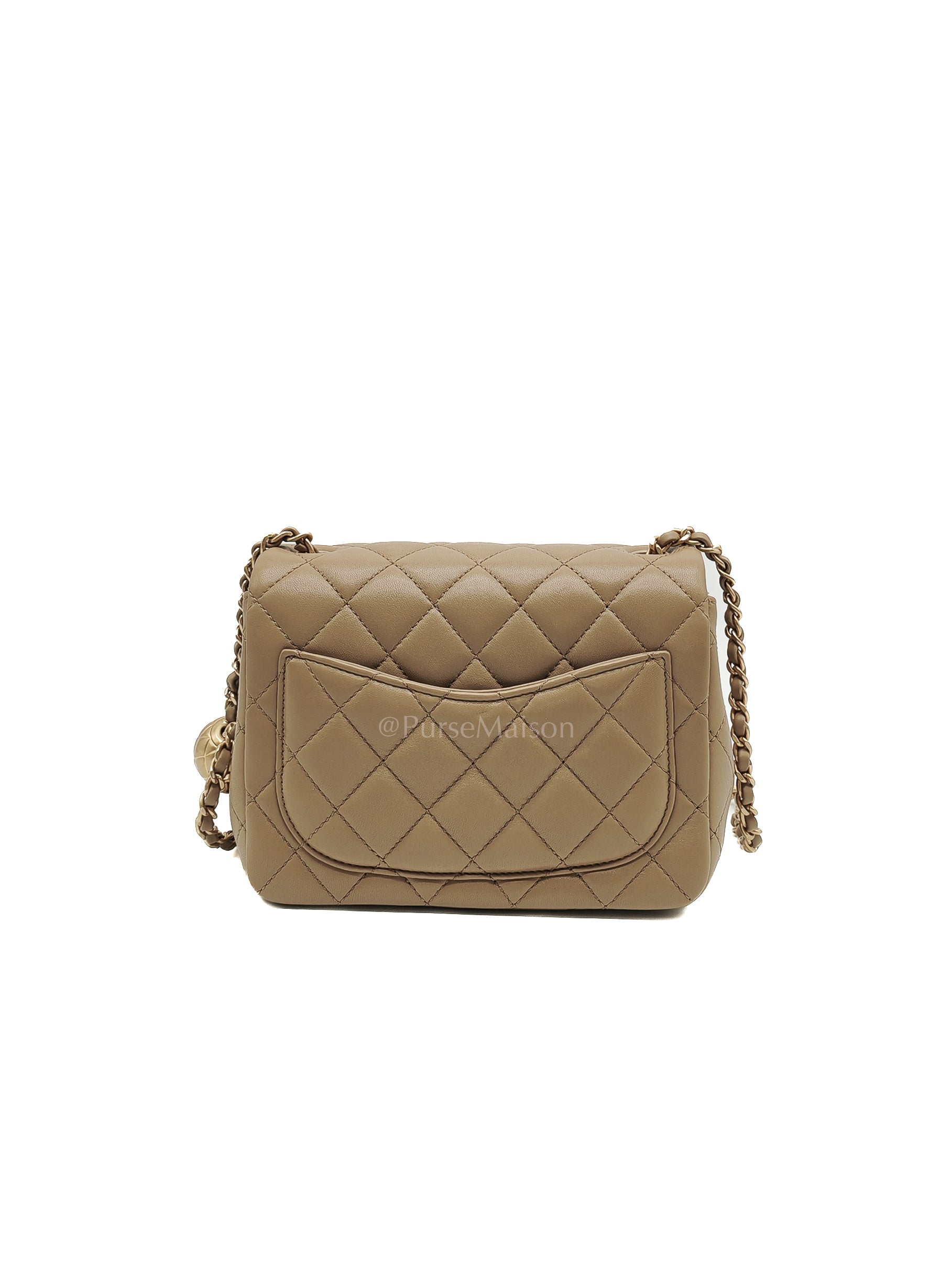 Square Mini Pearl Crush in Beige Lambskin Leather and Aged Gold Hardware (Microchip) | Purse Maison Luxury Bags Shop