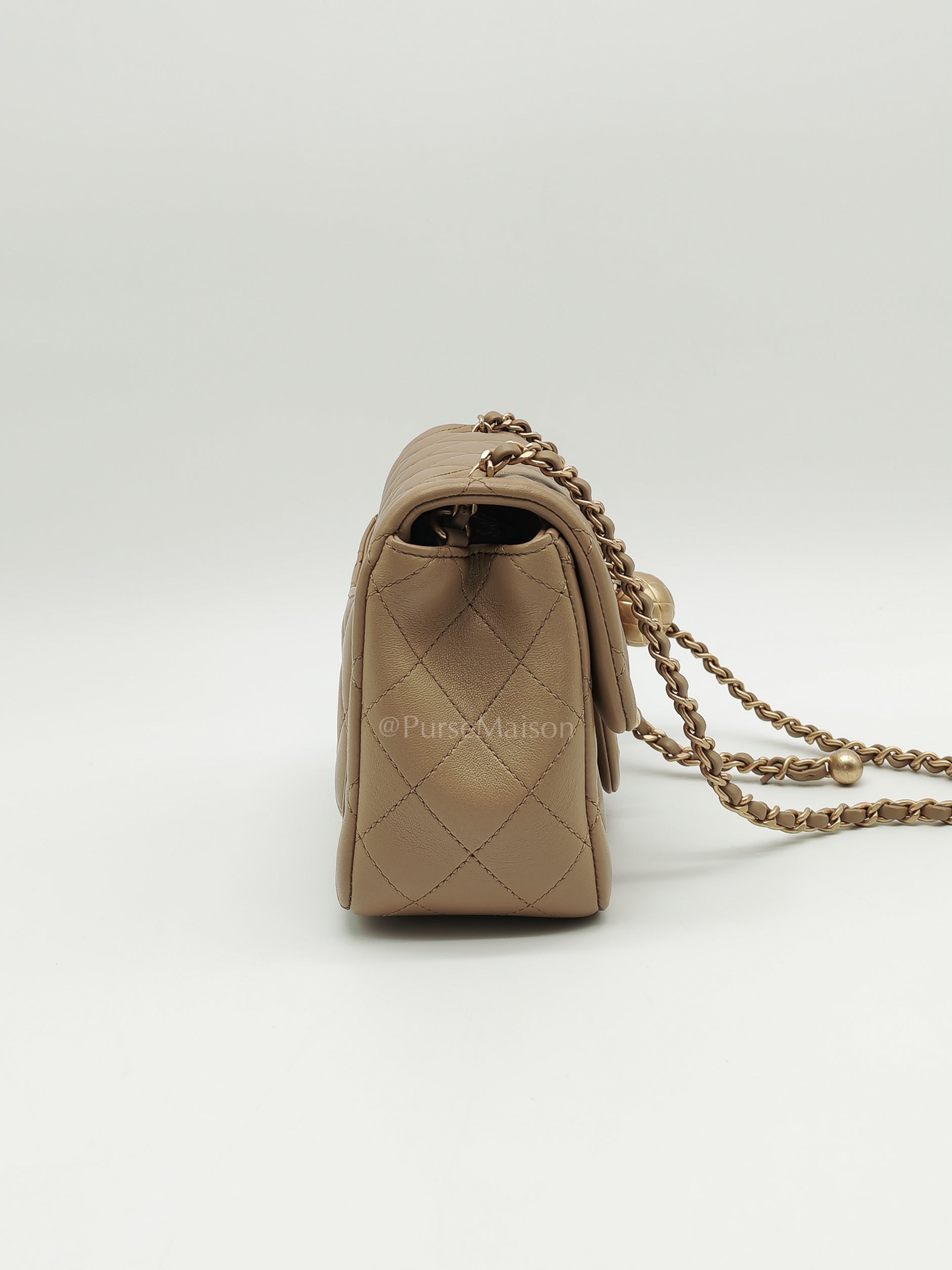 Square Mini Pearl Crush in Beige Lambskin Leather and Aged Gold Hardware (Microchip) | Purse Maison Luxury Bags Shop