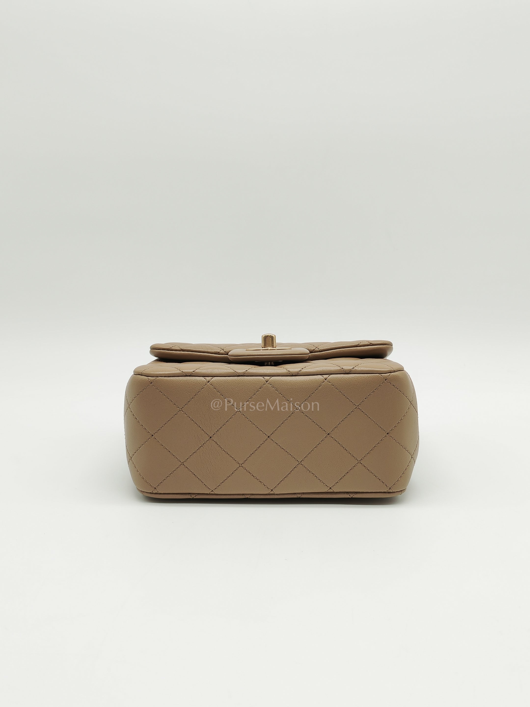 Square Mini Pearl Crush in Beige Lambskin Leather and Aged Gold Hardware (Microchip) | Purse Maison Luxury Bags Shop