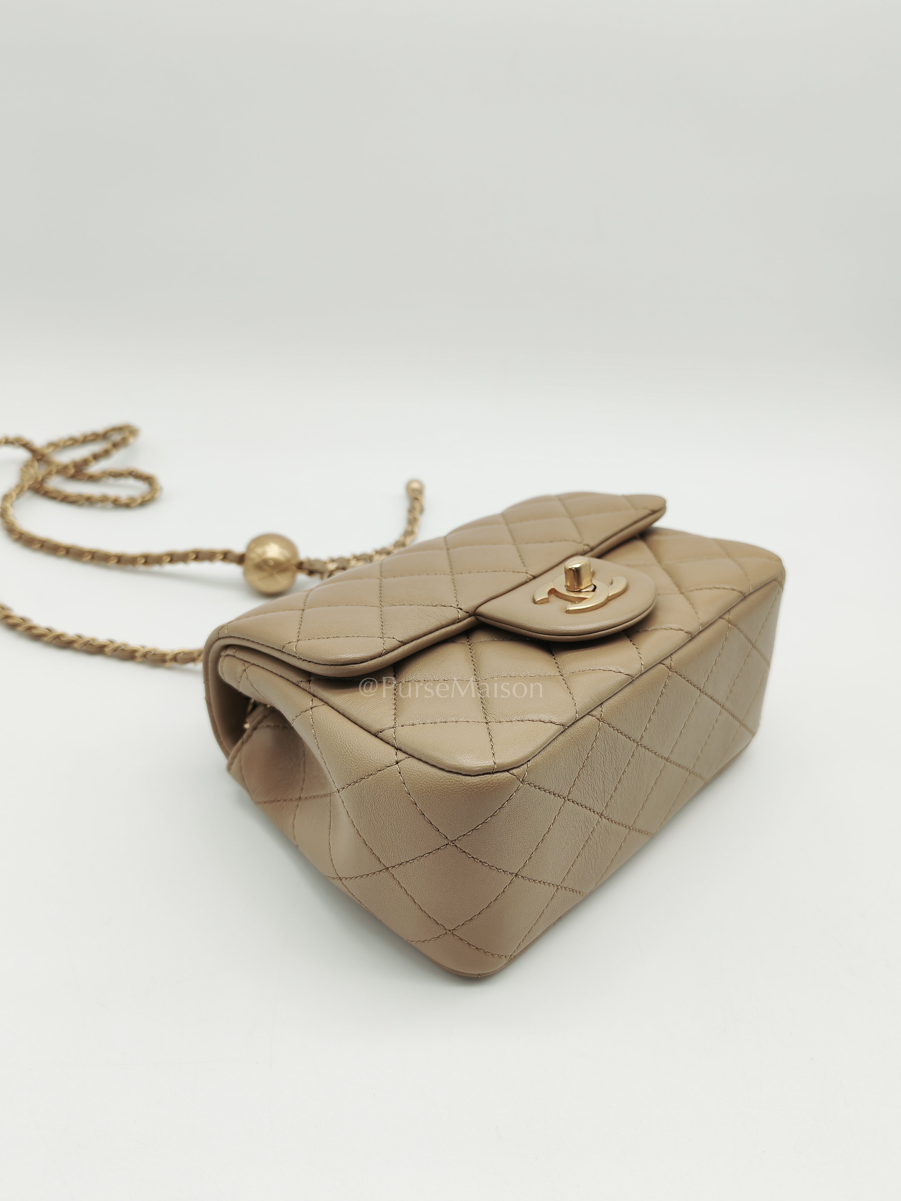 Square Mini Pearl Crush in Beige Lambskin Leather and Aged Gold Hardware (Microchip) | Purse Maison Luxury Bags Shop