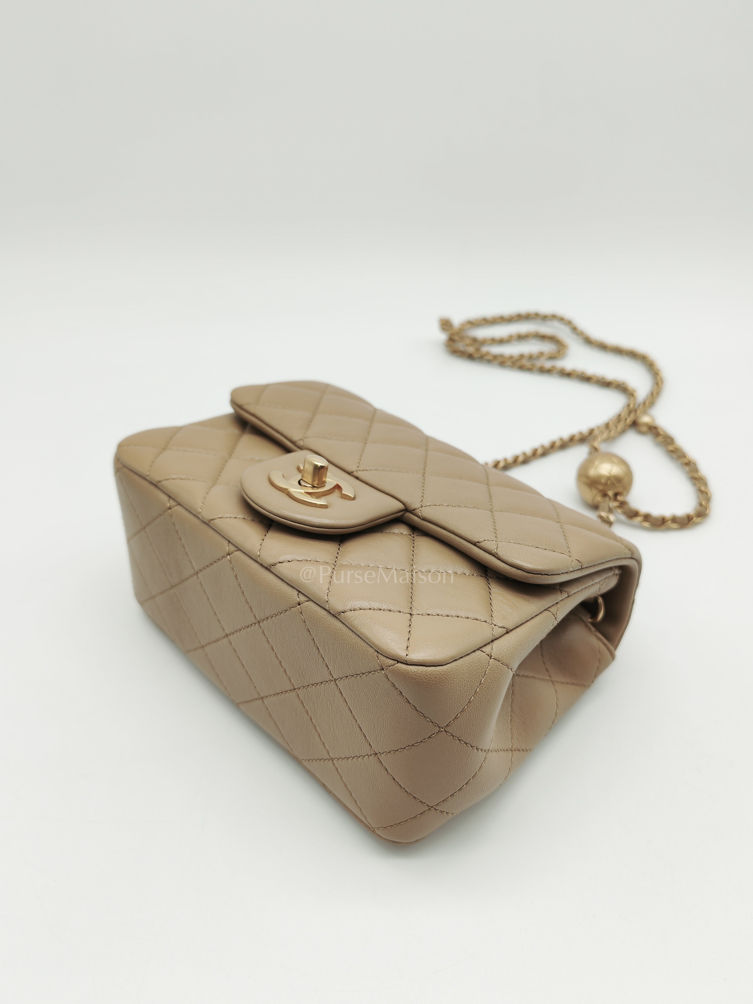 Square Mini Pearl Crush in Beige Lambskin Leather and Aged Gold Hardware (Microchip) | Purse Maison Luxury Bags Shop