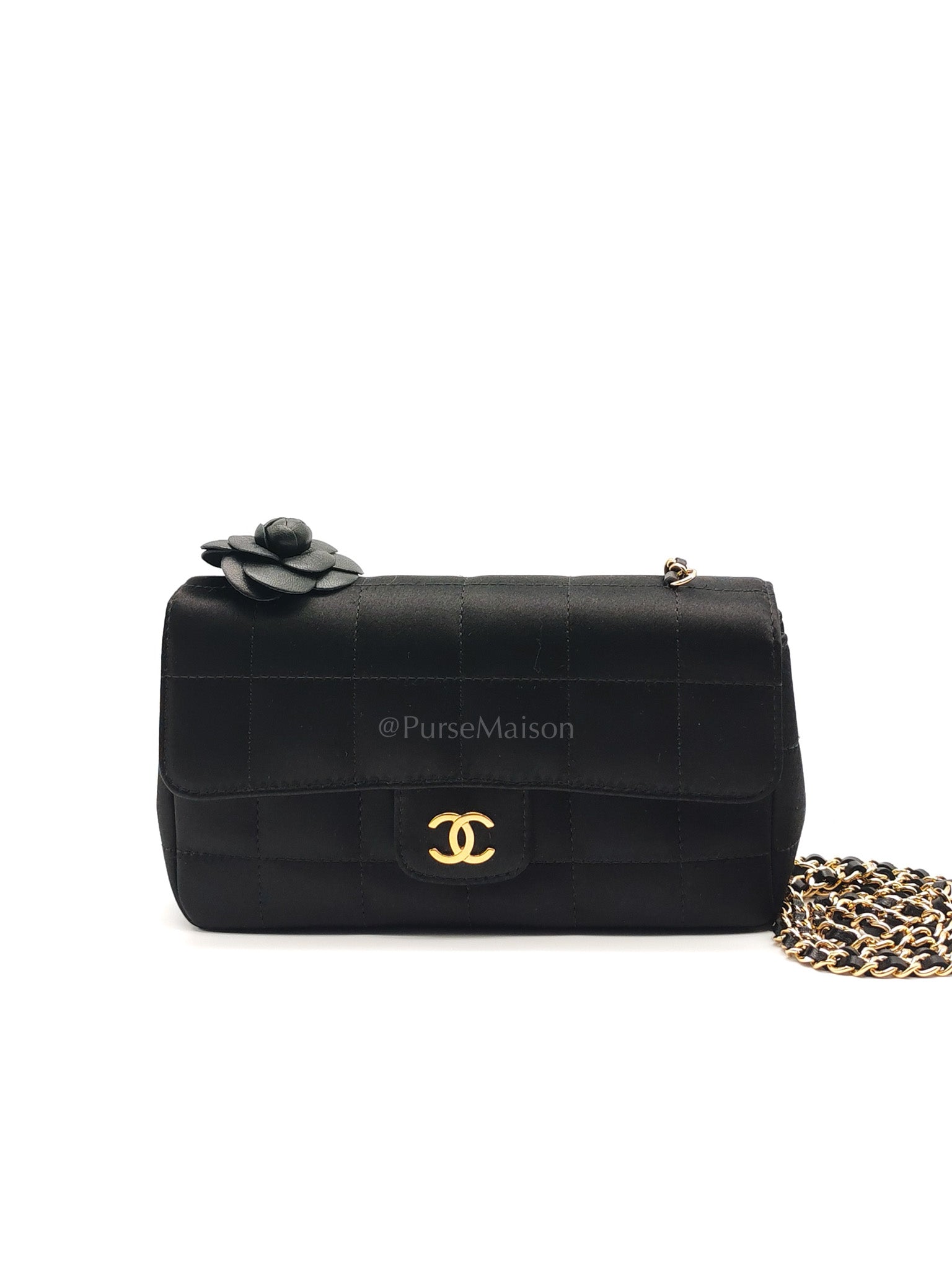 Camellia Satin Chocolate Bar Flap Bag Mini in Black Silk Fabric Leather & Gold Hardware Series 12