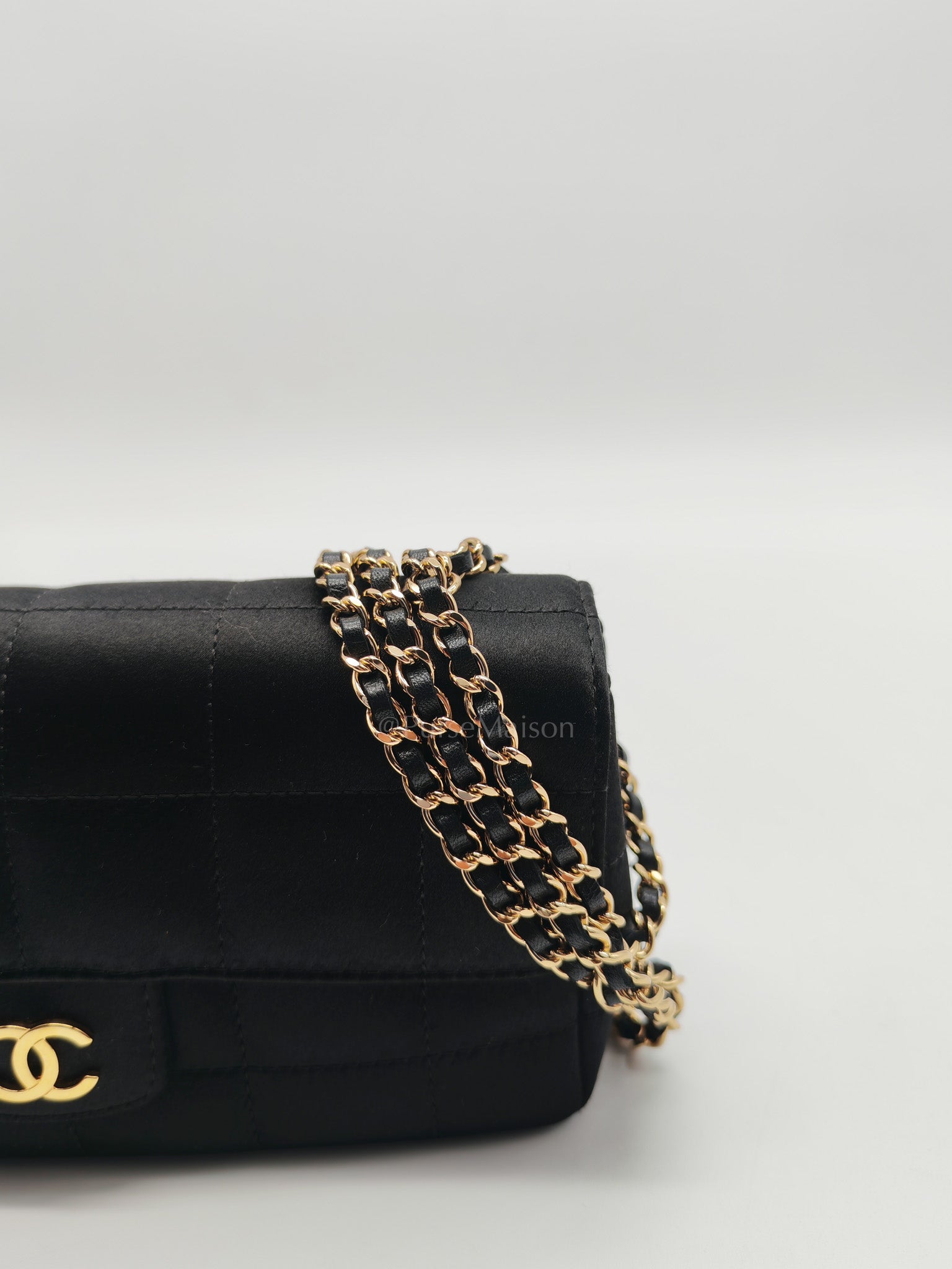 Camellia Satin Chocolate Bar Flap Bag Mini in Black Silk Fabric Leather & Gold Hardware Series 12