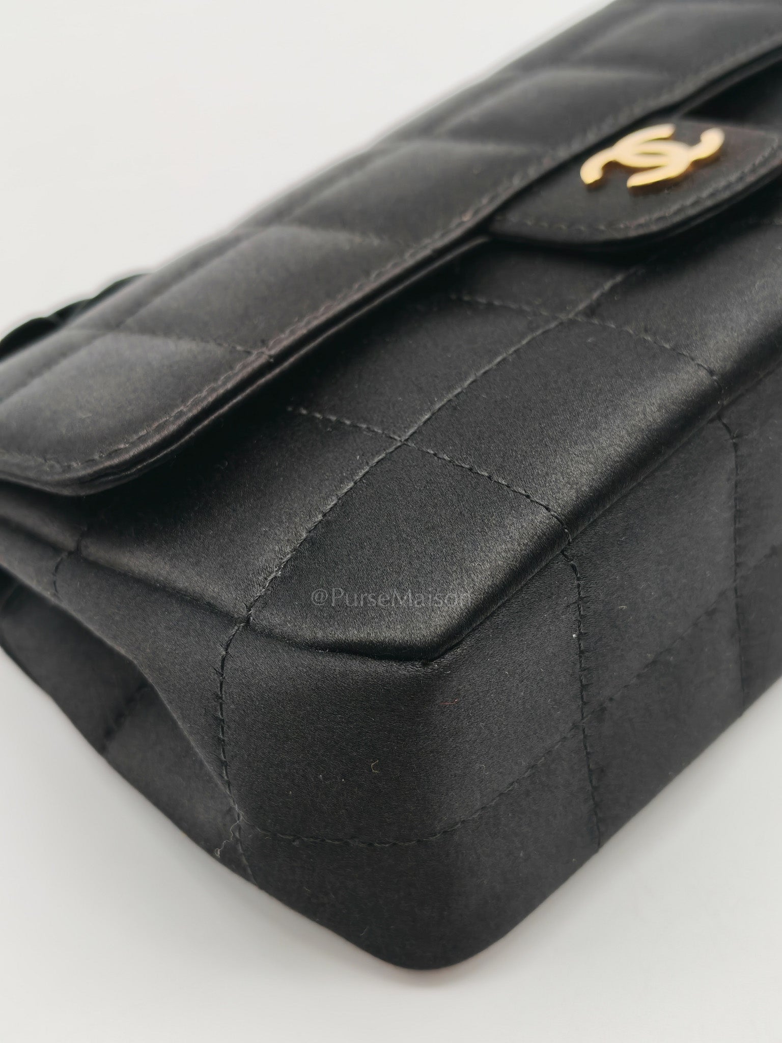 Camellia Satin Chocolate Bar Flap Bag Mini in Black Silk Fabric Leather & Gold Hardware Series 12