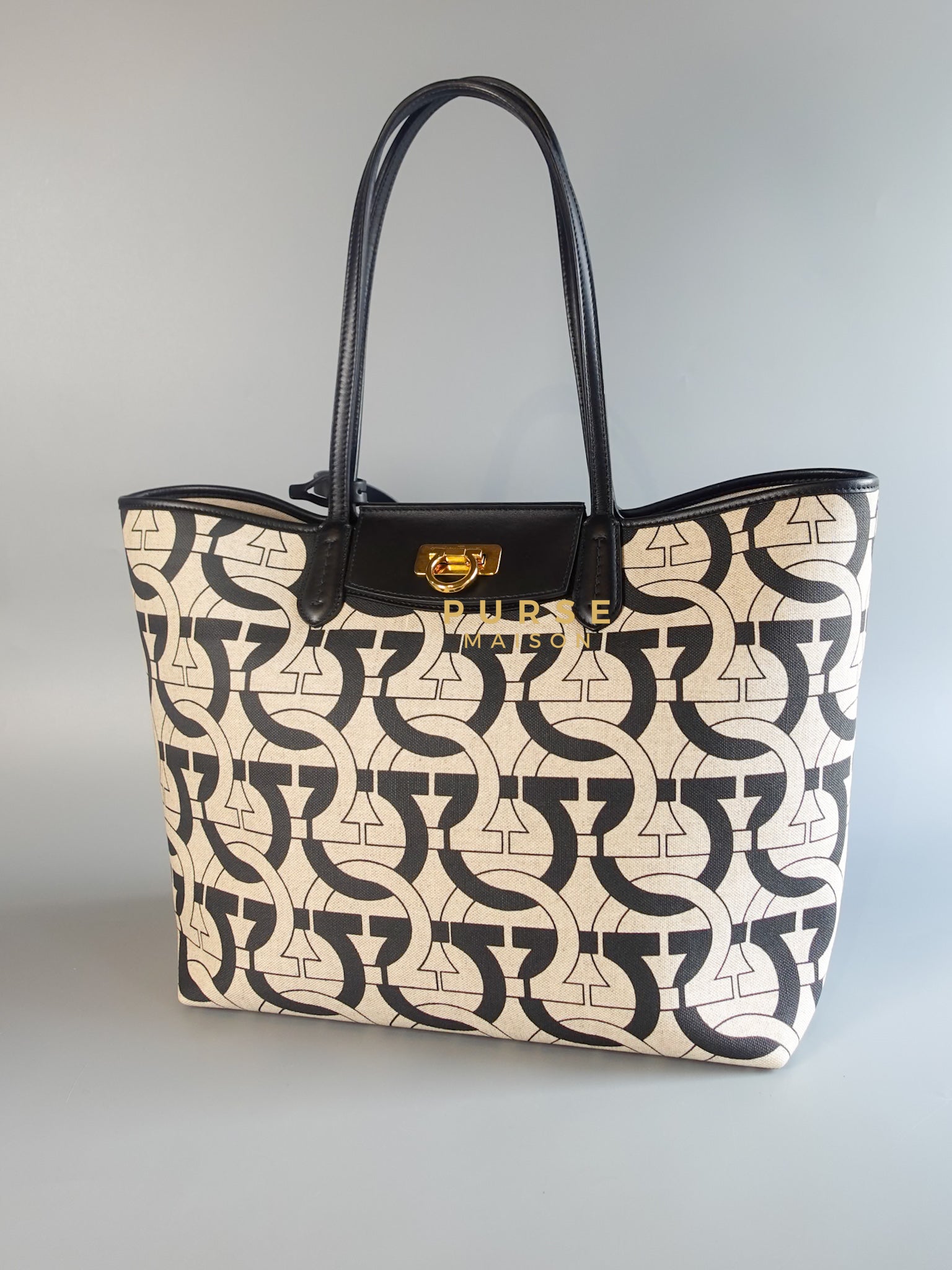 St. All Gancini Black/Beige Canvas Monogram Tote Bag | Purse Maison Luxury Bags Shop