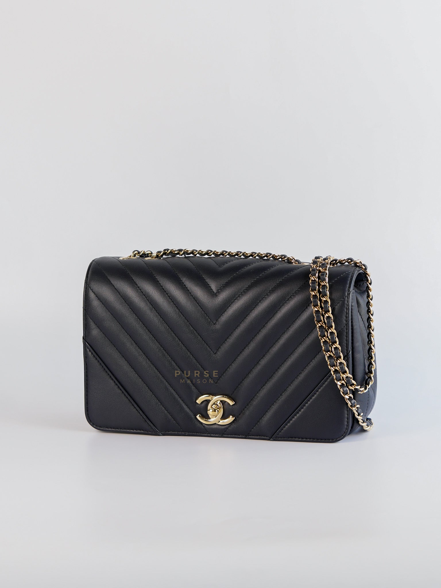 Statement Flap Medium in Navy Dark Blue Light Gold Hardware(Series 26) | Purse Maison Luxury Bags Shop