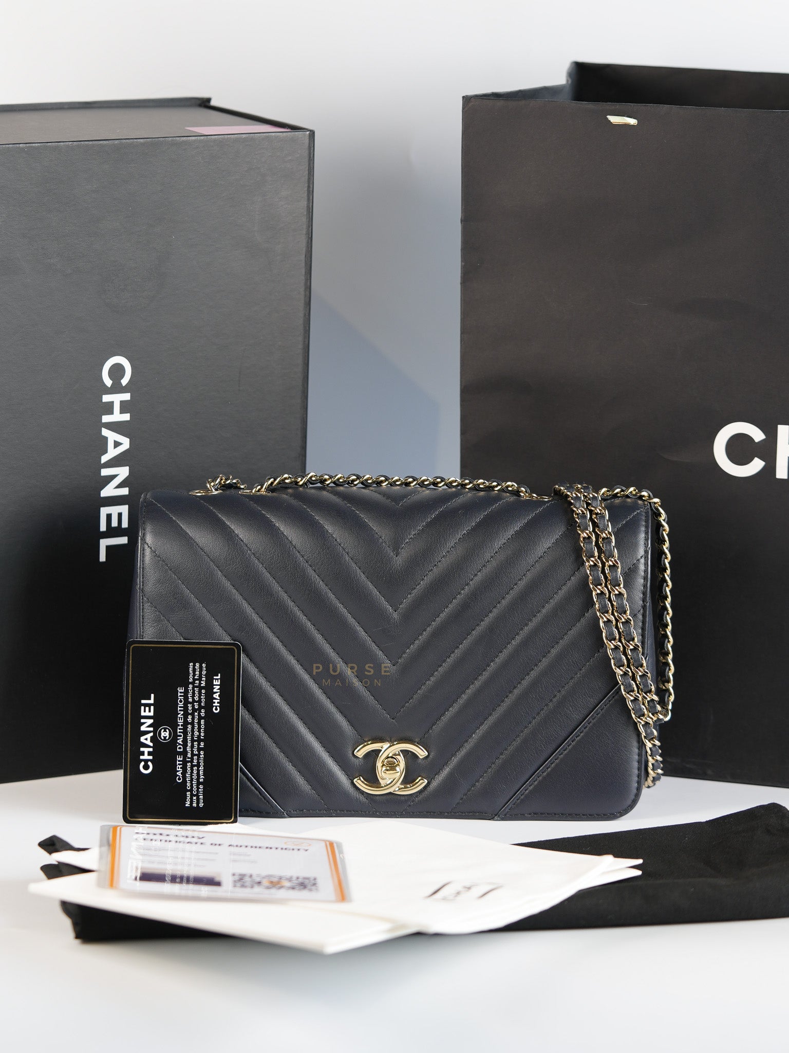Statement Flap Medium in Navy Dark Blue Light Gold Hardware(Series 26) | Purse Maison Luxury Bags Shop