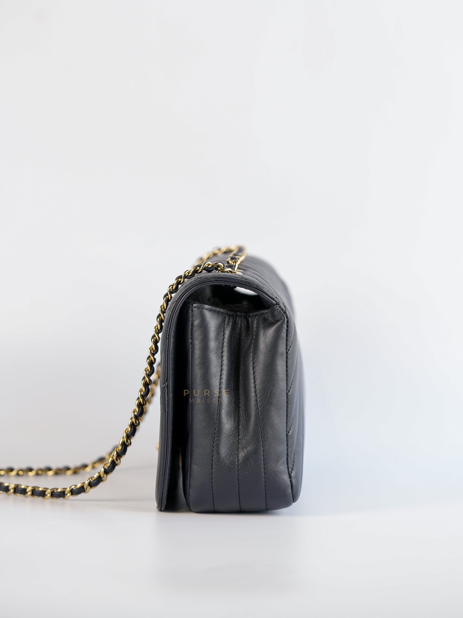 Statement Flap Medium in Navy Dark Blue Light Gold Hardware(Series 26) | Purse Maison Luxury Bags Shop