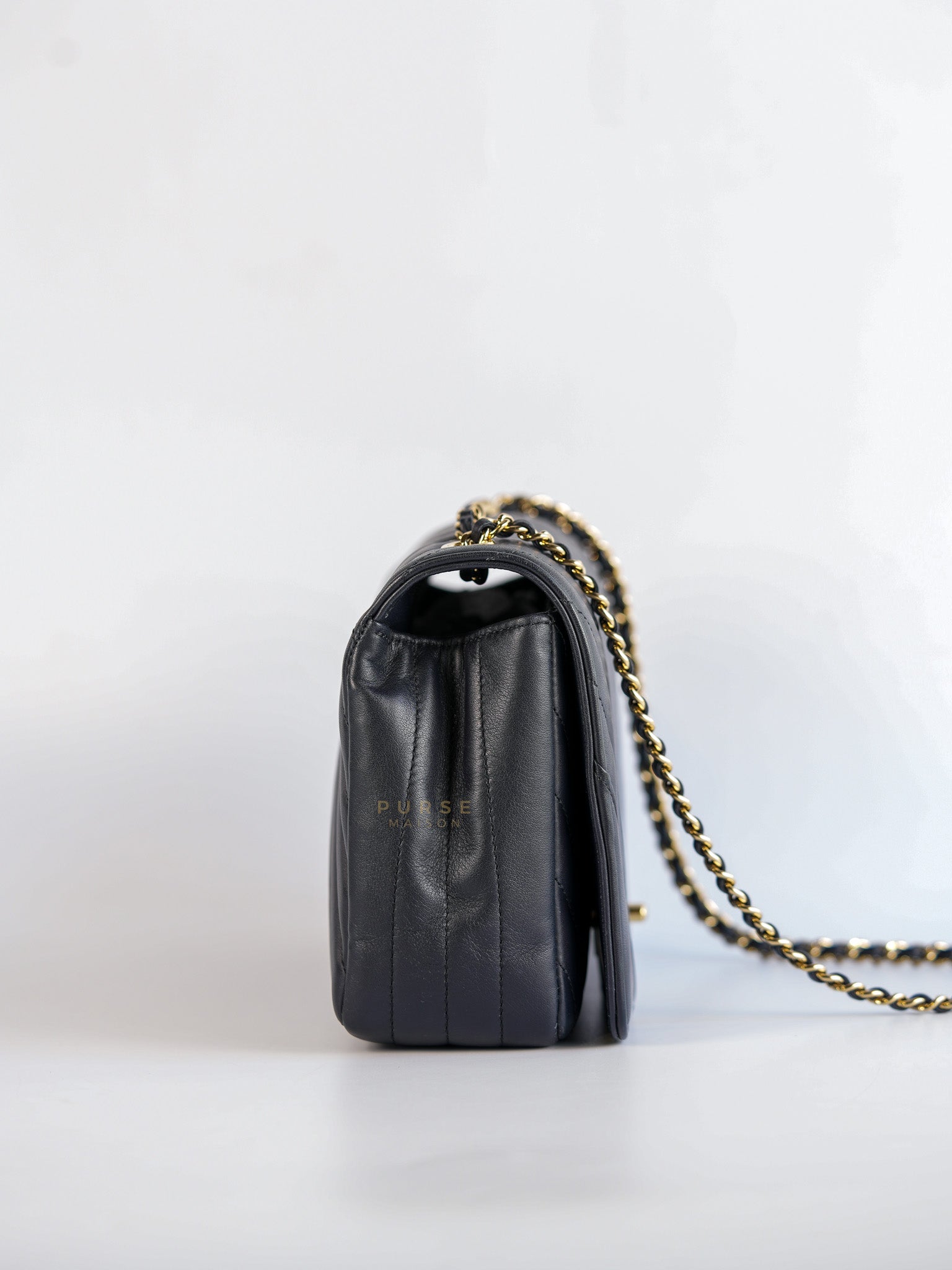 Statement Flap Medium in Navy Dark Blue Light Gold Hardware(Series 26) | Purse Maison Luxury Bags Shop