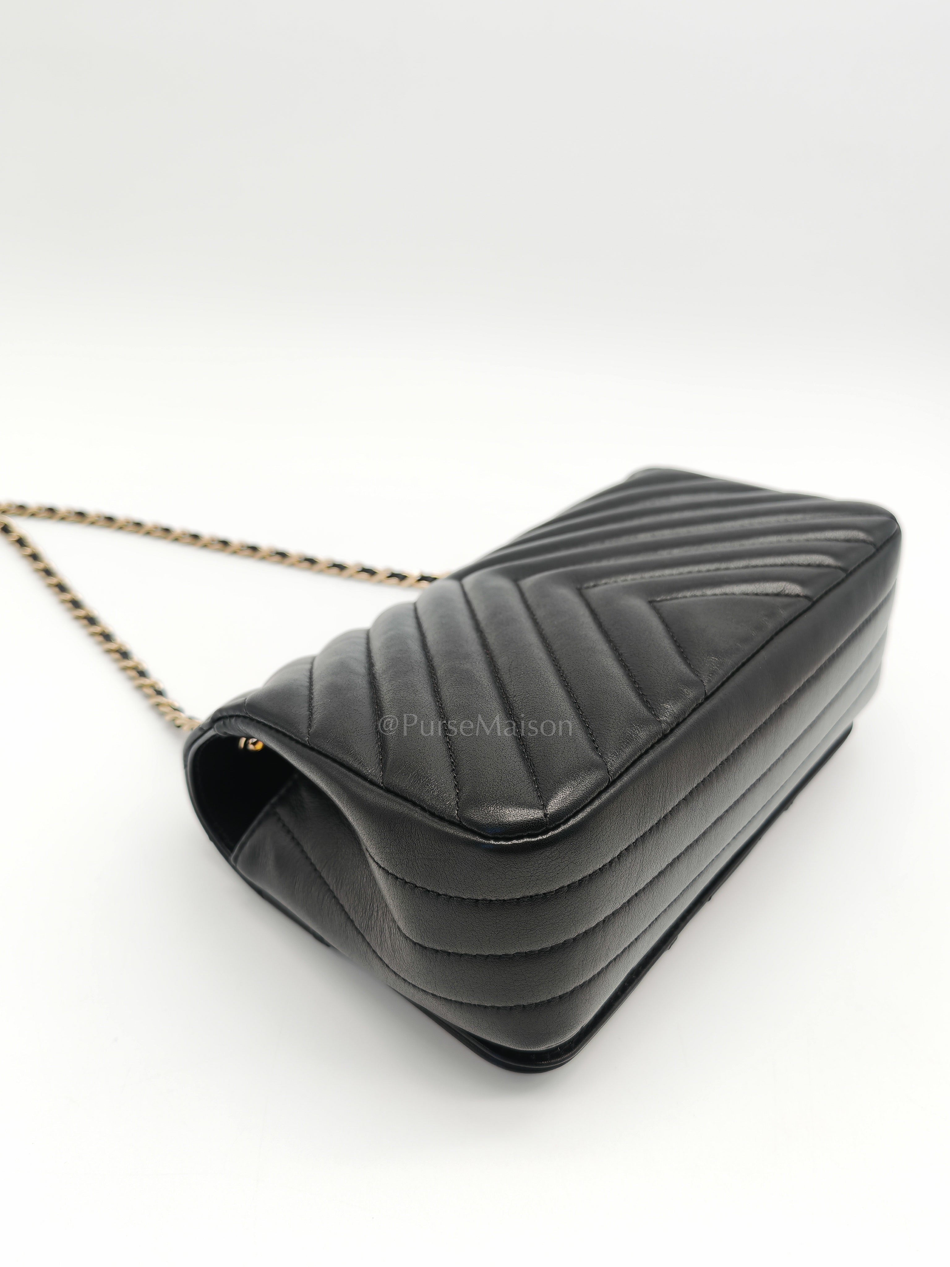 Statement Flap Small in Black Lambskin Leather Light Gold Hardware (Series 28) | Purse Maison Luxury Bags Shop