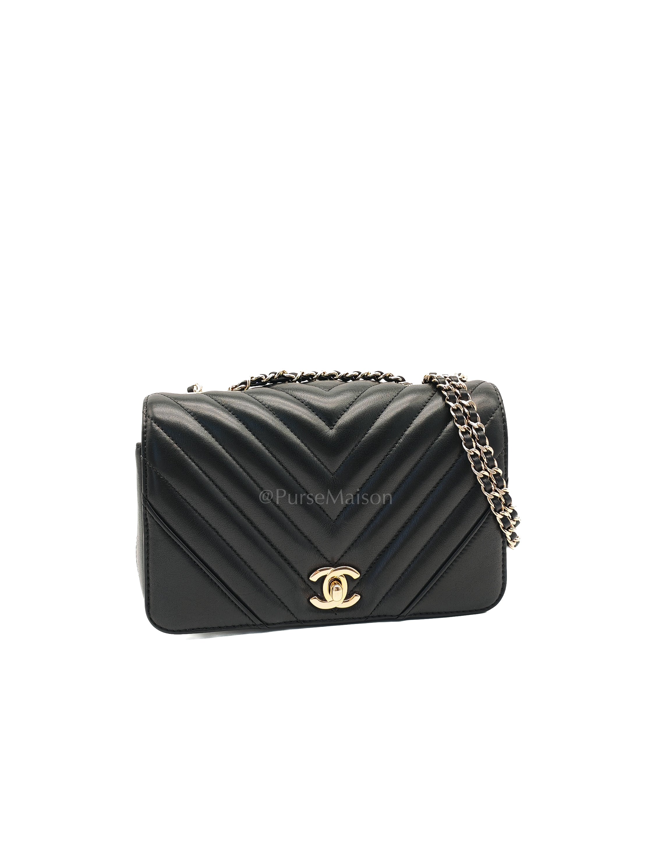 Statement Flap Small in Black Lambskin Leather Light Gold Hardware (Series 28) | Purse Maison Luxury Bags Shop