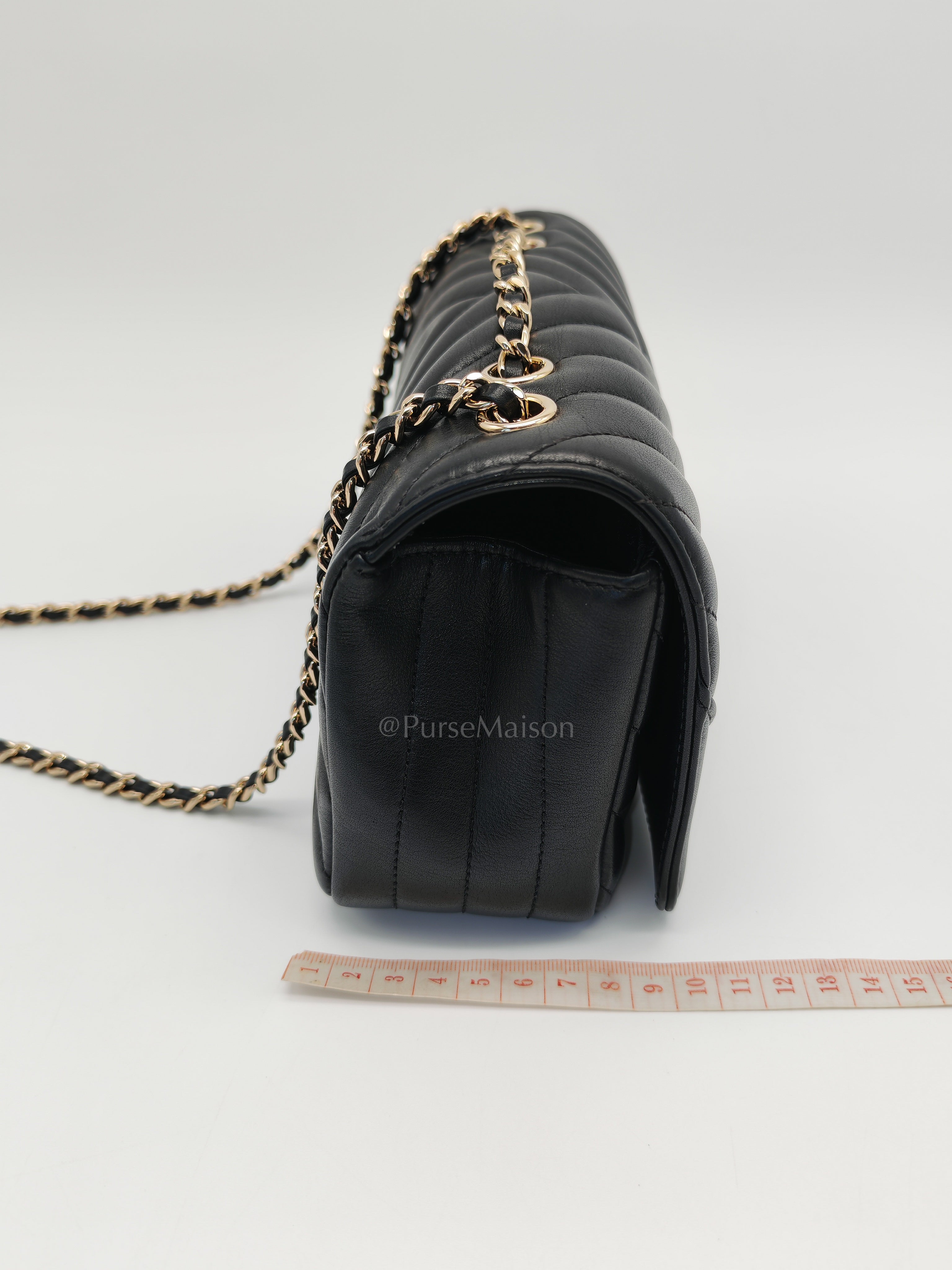 Statement Flap Small in Black Lambskin Leather Light Gold Hardware (Series 28) | Purse Maison Luxury Bags Shop