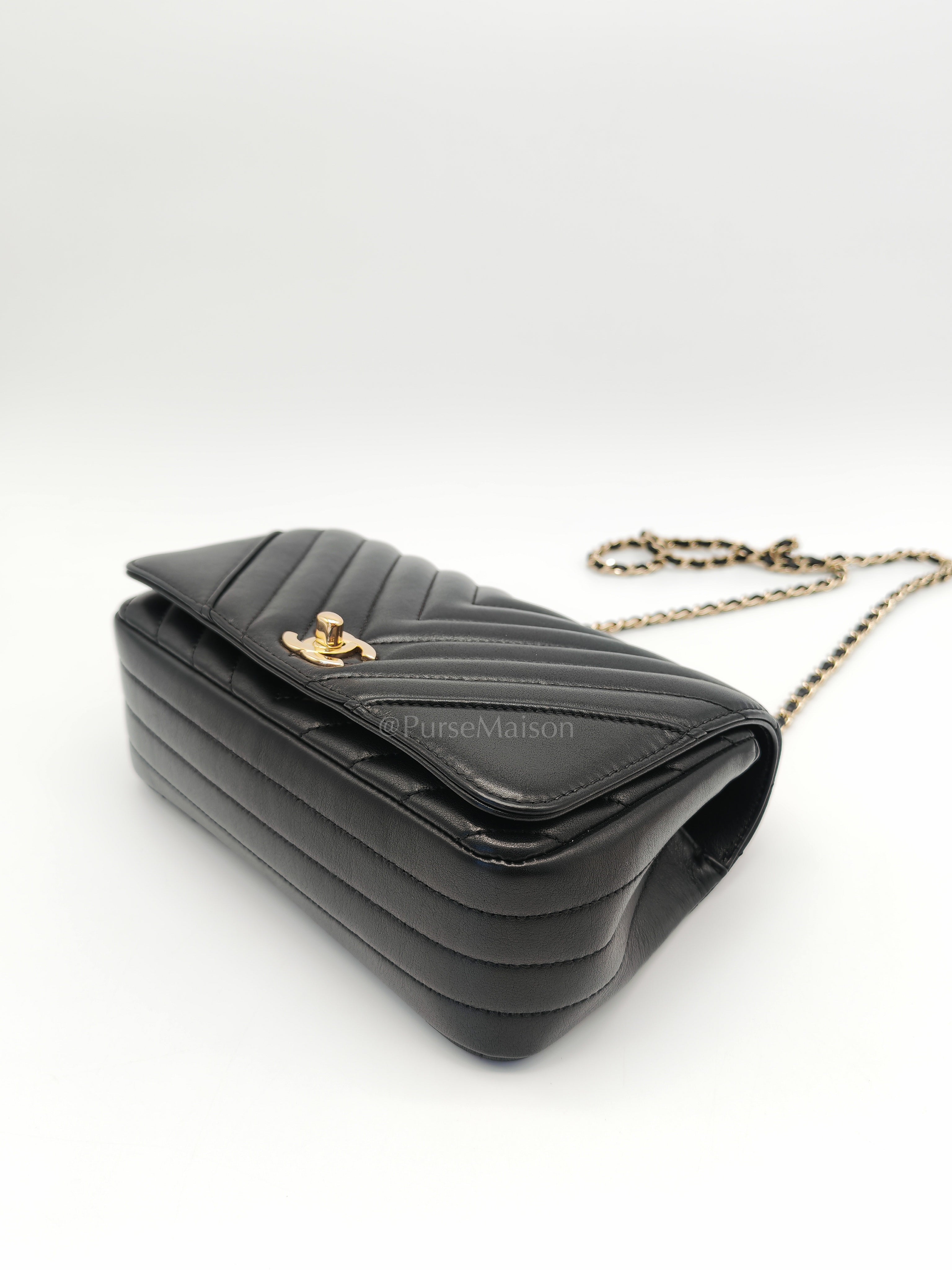 Statement Flap Small in Black Lambskin Leather Light Gold Hardware (Series 28) | Purse Maison Luxury Bags Shop