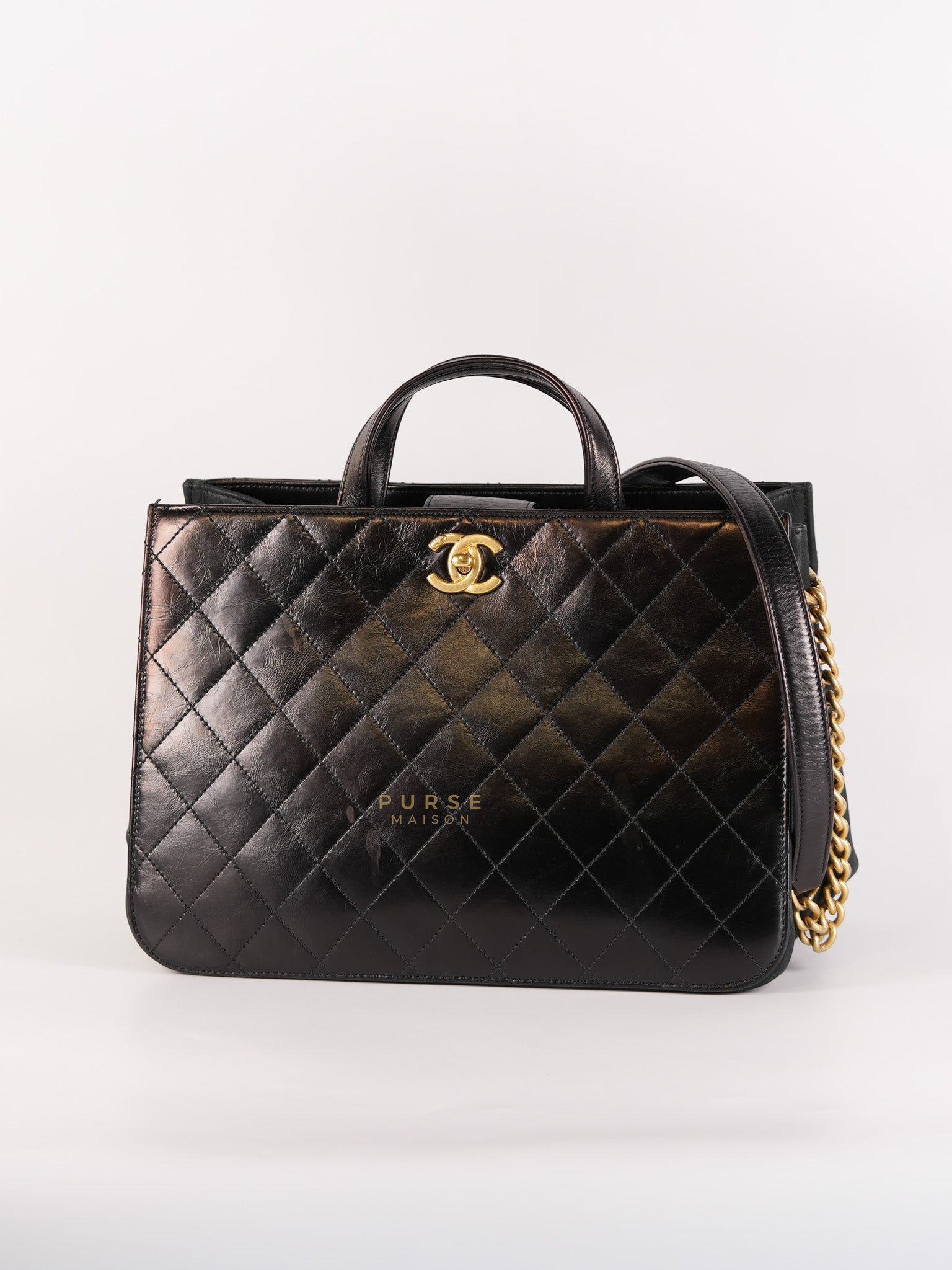 Straight Lined Shopper 2way Bag in Black Leather & Aged Gold Hardware Series 23 | Purse Maison Luxury Bags Shop