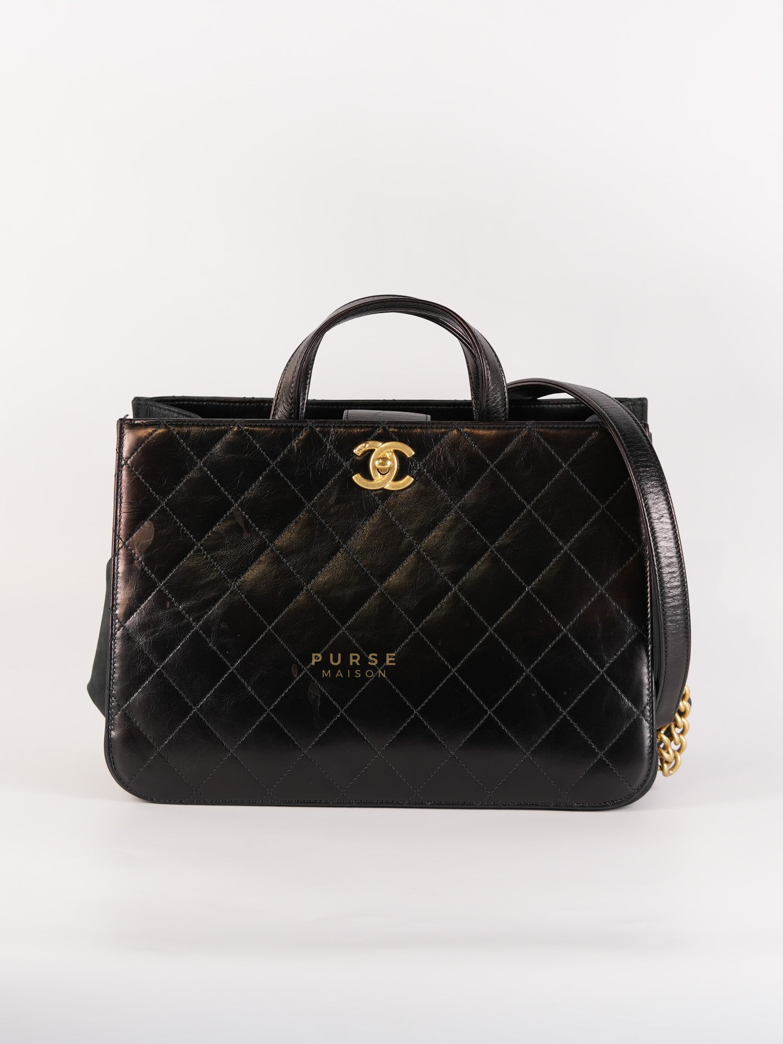 Straight Lined Shopper 2way Bag in Black Leather & Aged Gold Hardware Series 23 | Purse Maison Luxury Bags Shop