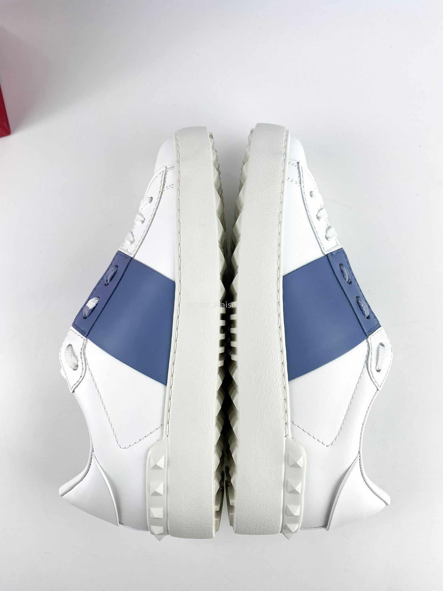 Valentino Garavani Stud Detailed Lace Up White Blue Sneakers