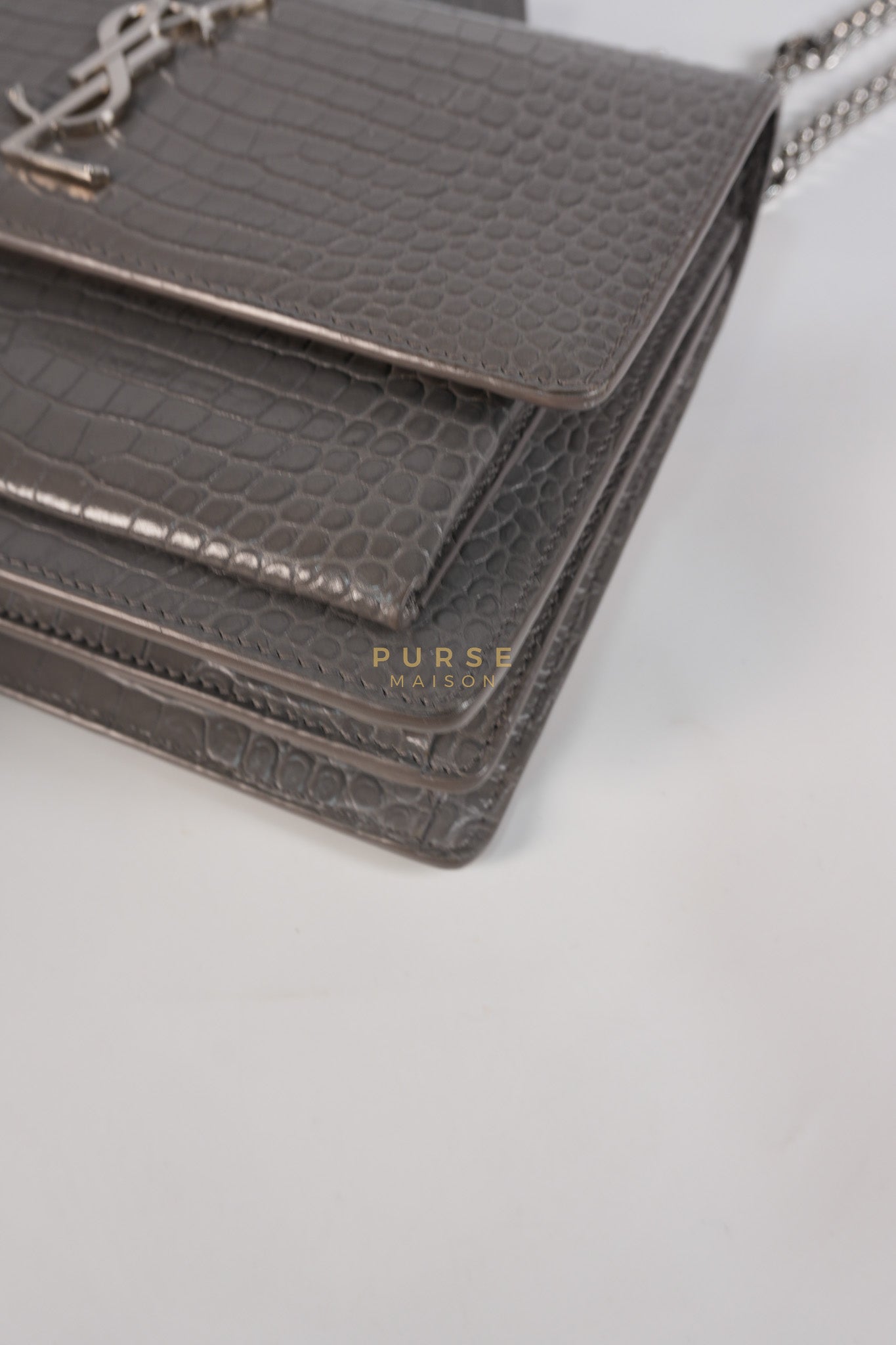 Sunset Bag in Gray Croc-Embossed Leather & Silver Hardware | Purse Maison Luxury Bags Shop