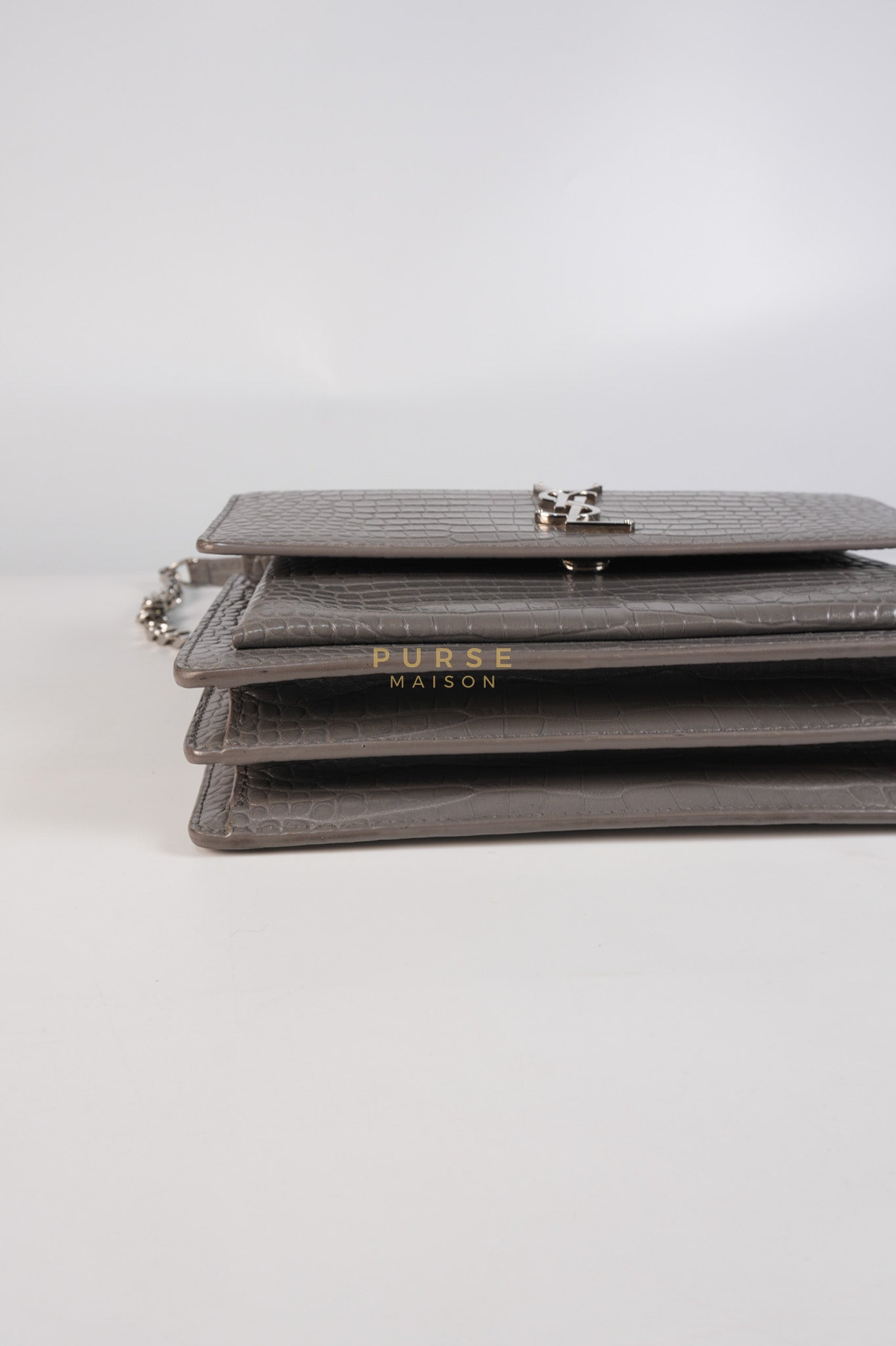 Sunset Bag in Gray Croc-Embossed Leather & Silver Hardware | Purse Maison Luxury Bags Shop