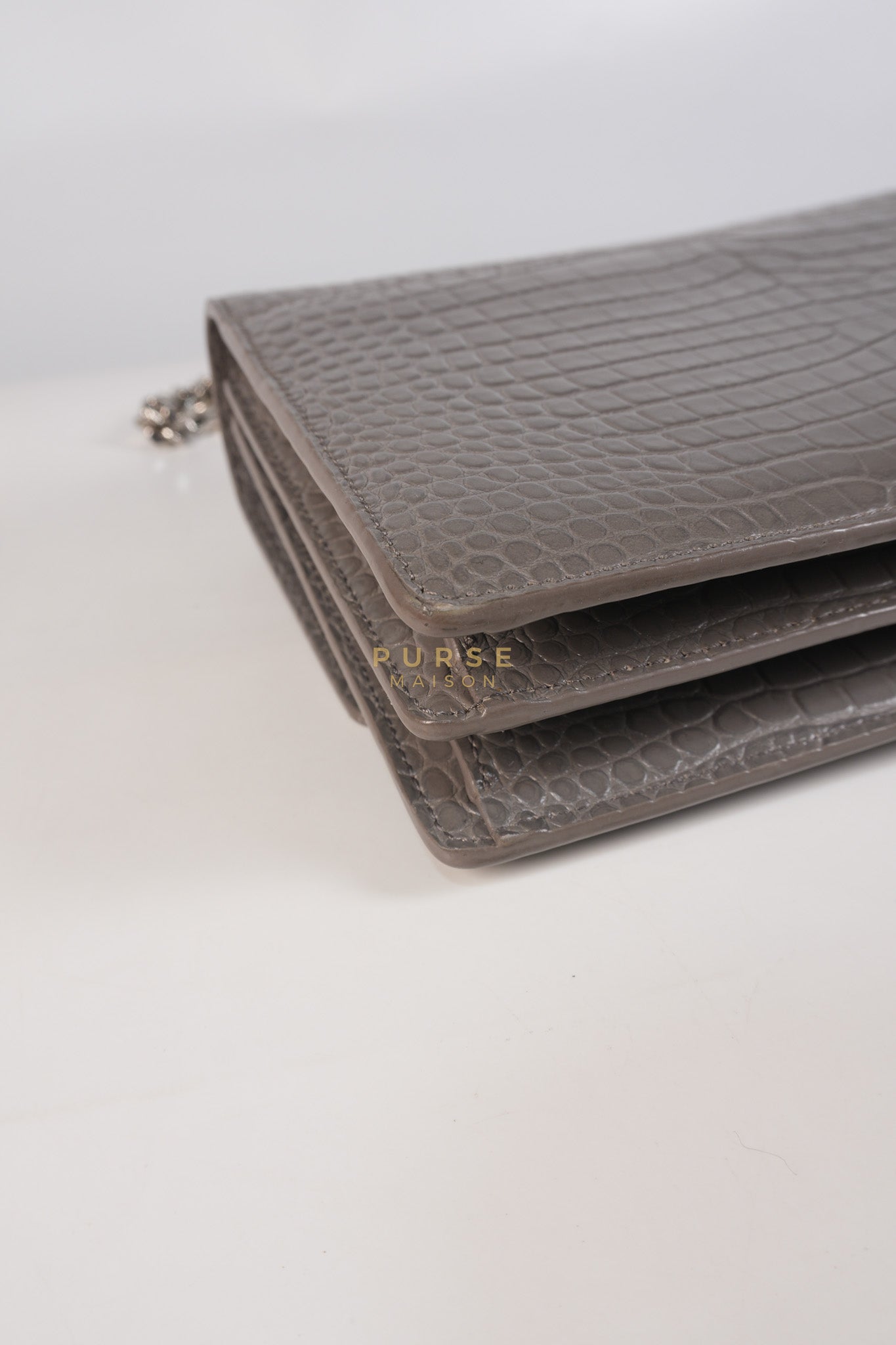 Sunset Bag in Gray Croc-Embossed Leather & Silver Hardware | Purse Maison Luxury Bags Shop