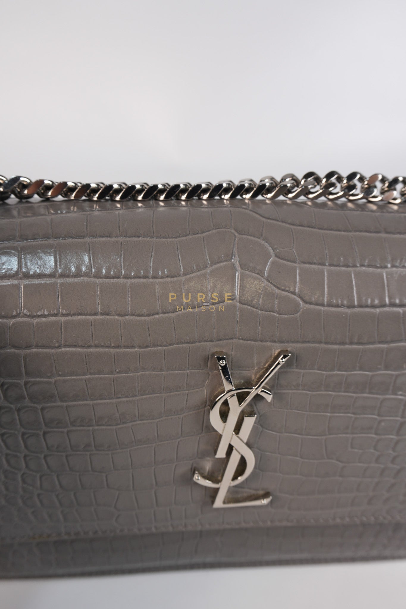 Sunset Bag in Gray Croc-Embossed Leather & Silver Hardware | Purse Maison Luxury Bags Shop