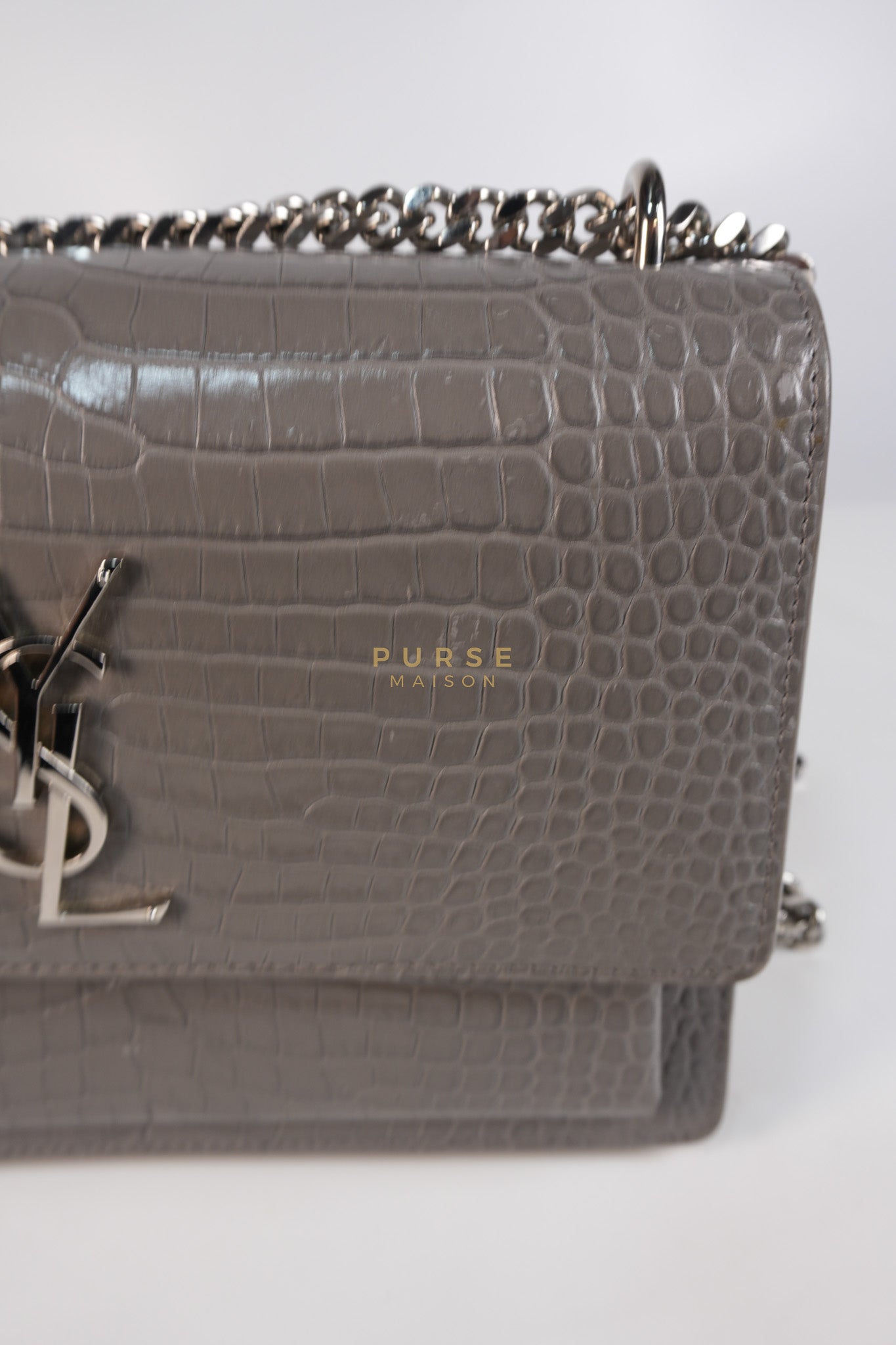 Sunset Bag in Gray Croc-Embossed Leather & Silver Hardware | Purse Maison Luxury Bags Shop