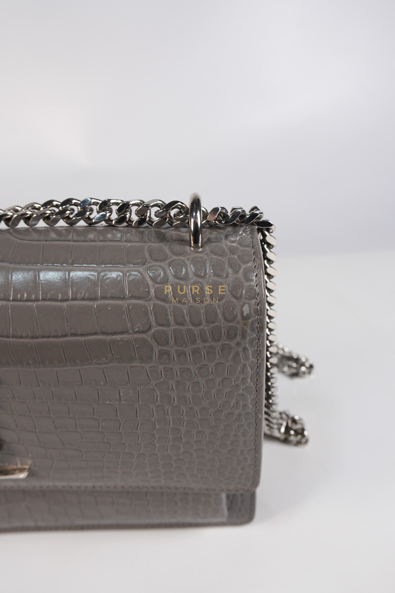 Sunset Bag in Gray Croc-Embossed Leather & Silver Hardware | Purse Maison Luxury Bags Shop