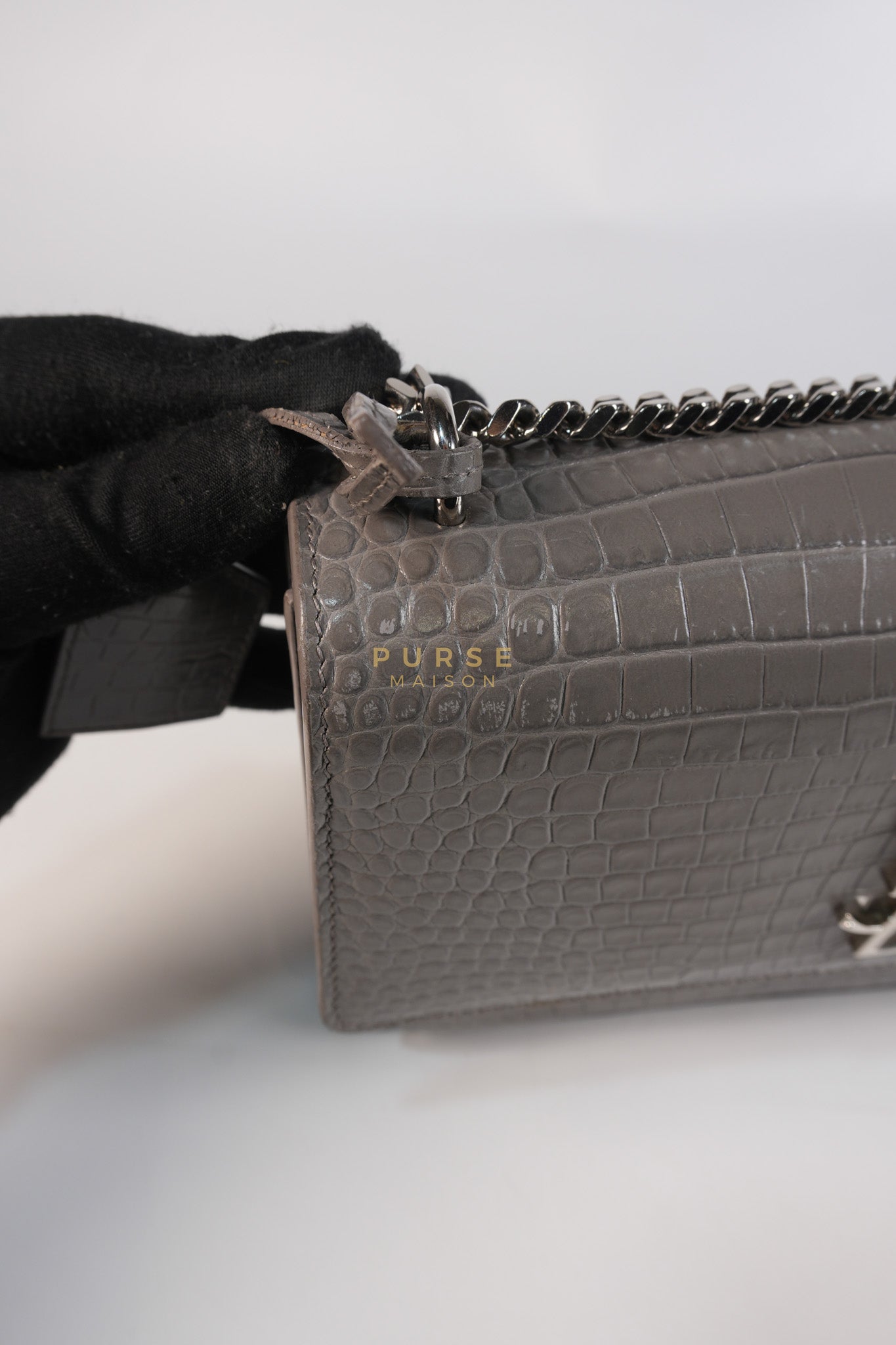 Sunset Bag in Gray Croc-Embossed Leather & Silver Hardware | Purse Maison Luxury Bags Shop