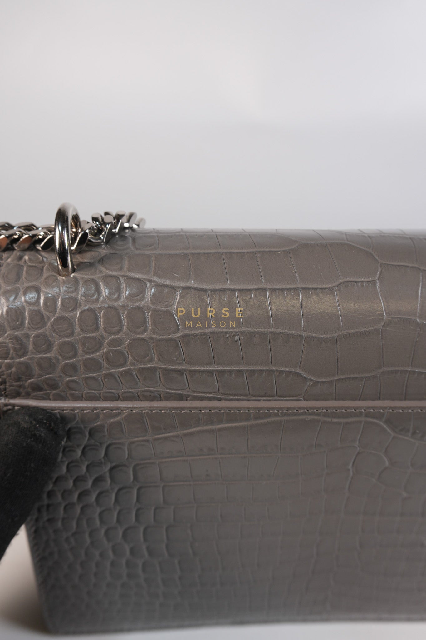Sunset Bag in Gray Croc-Embossed Leather & Silver Hardware | Purse Maison Luxury Bags Shop
