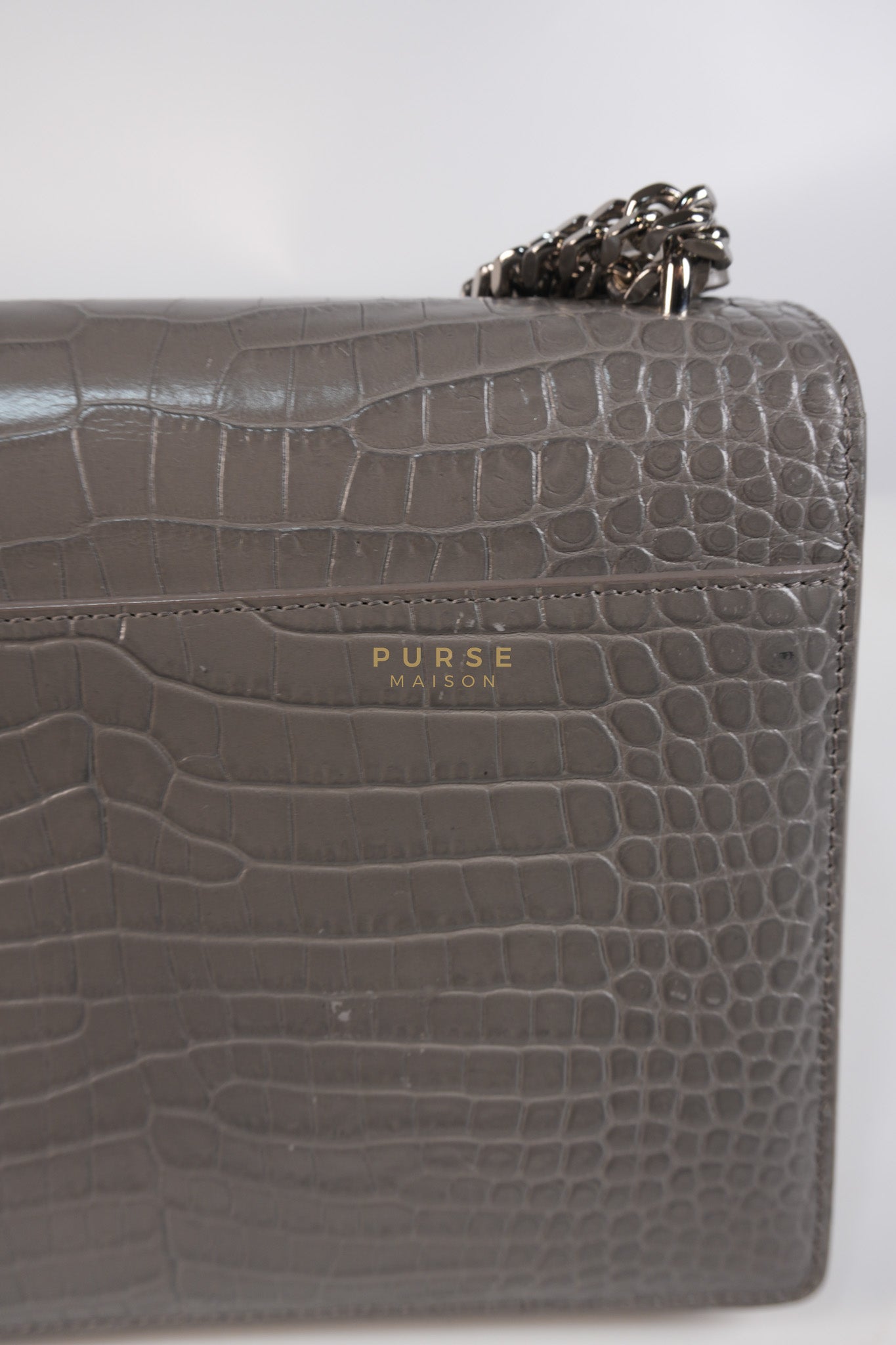 Sunset Bag in Gray Croc-Embossed Leather & Silver Hardware | Purse Maison Luxury Bags Shop