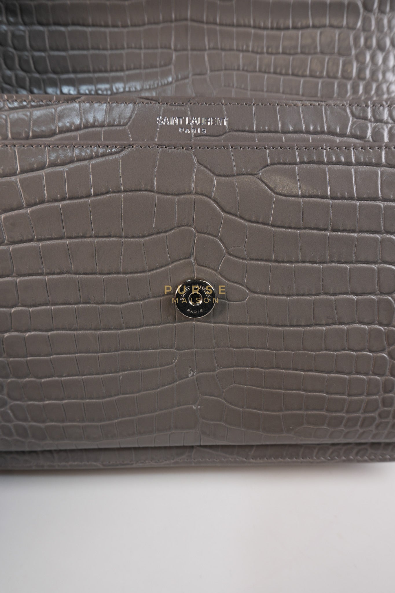 Sunset Bag in Gray Croc-Embossed Leather & Silver Hardware | Purse Maison Luxury Bags Shop
