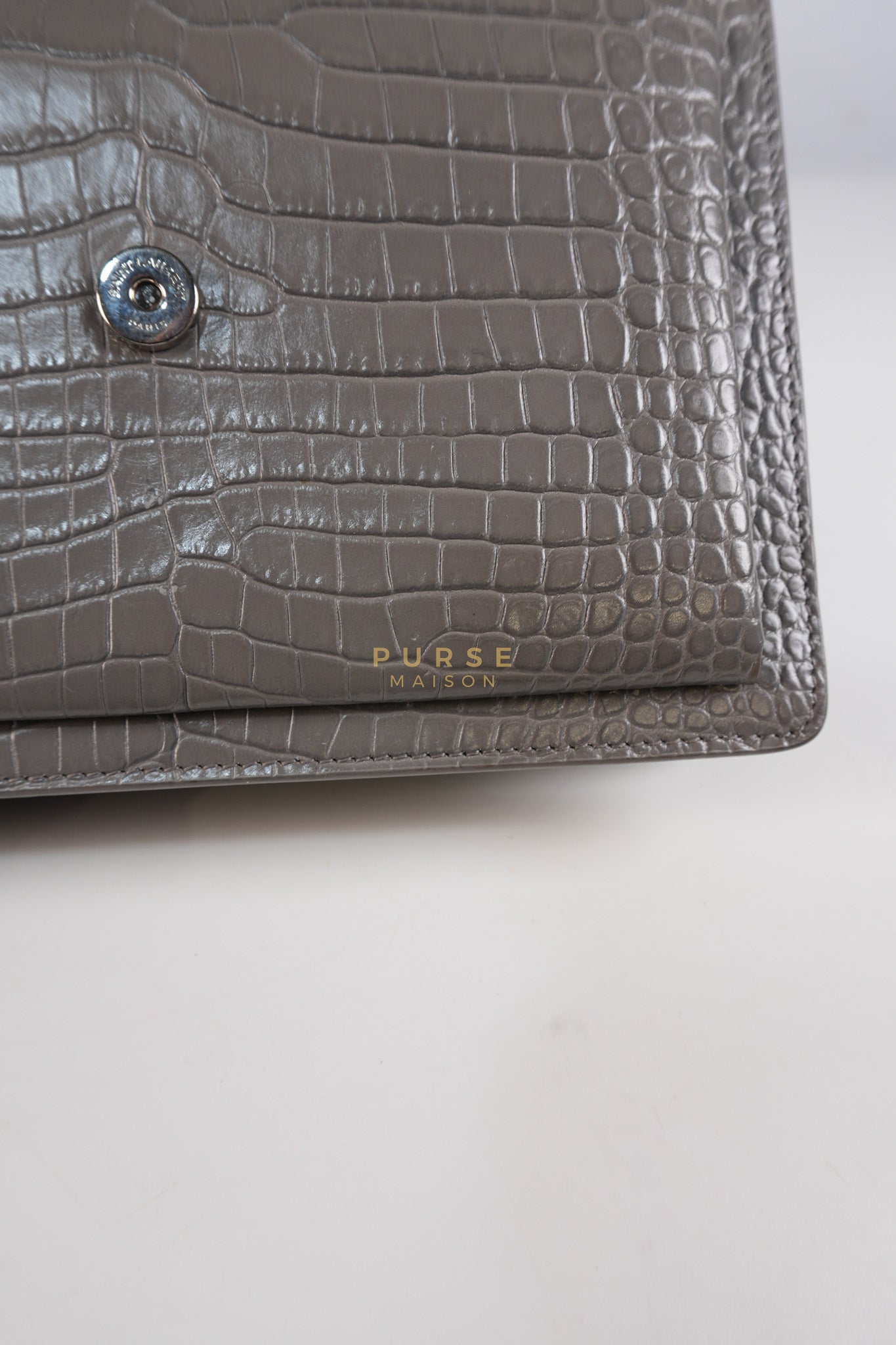 Sunset Bag in Gray Croc-Embossed Leather & Silver Hardware | Purse Maison Luxury Bags Shop