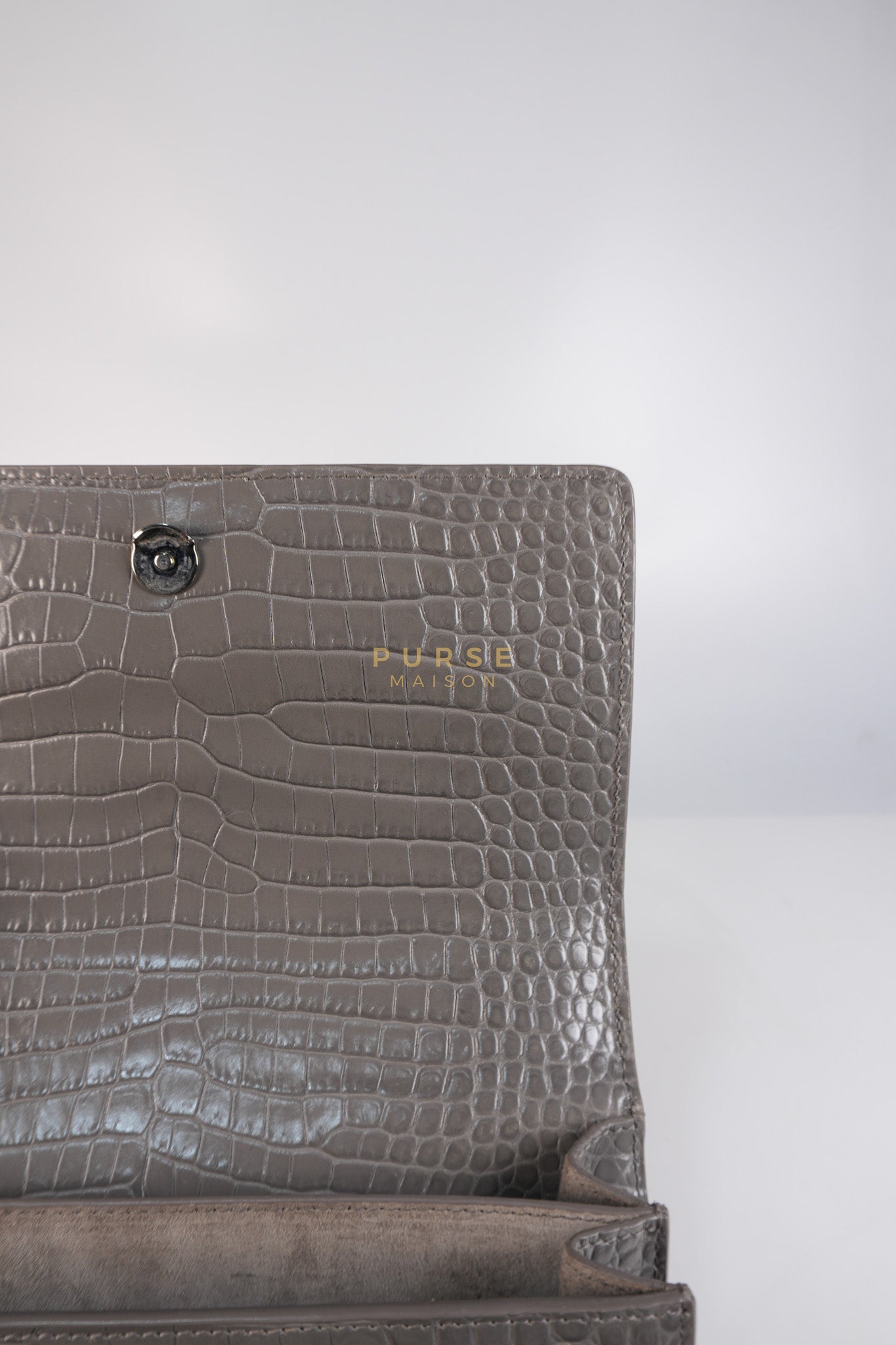 Sunset Bag in Gray Croc-Embossed Leather & Silver Hardware | Purse Maison Luxury Bags Shop