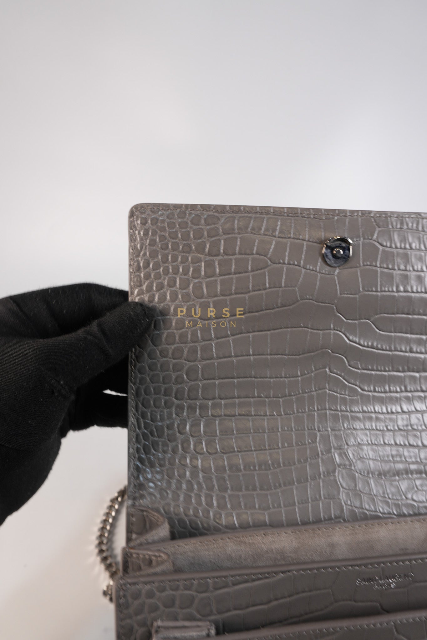 Sunset Bag in Gray Croc-Embossed Leather & Silver Hardware | Purse Maison Luxury Bags Shop