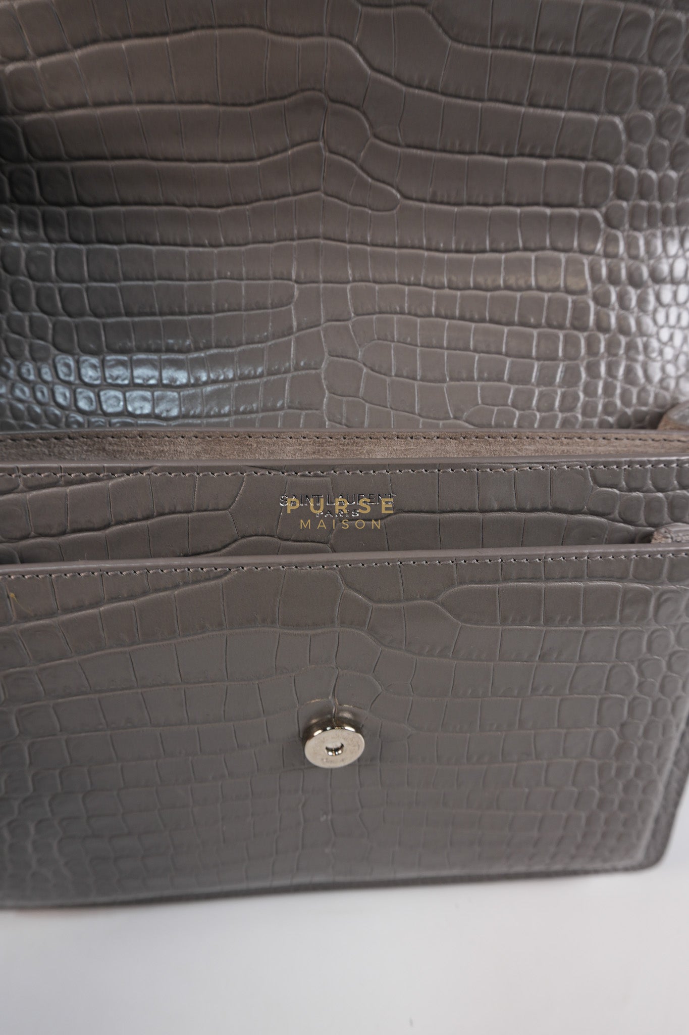 Sunset Bag in Gray Croc-Embossed Leather & Silver Hardware | Purse Maison Luxury Bags Shop