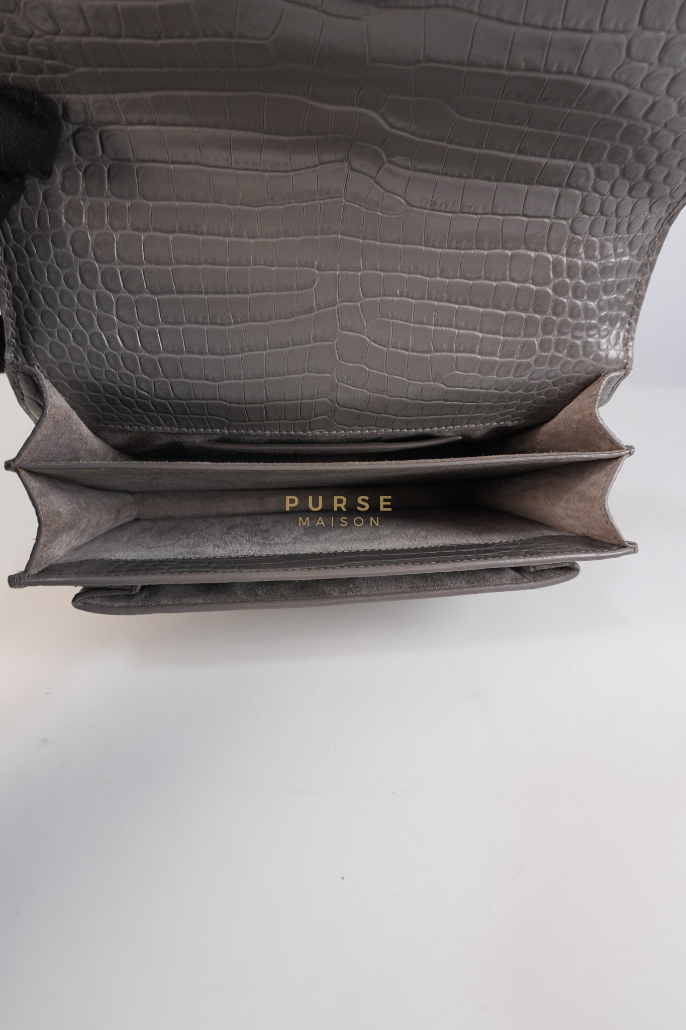 Sunset Bag in Gray Croc-Embossed Leather & Silver Hardware | Purse Maison Luxury Bags Shop