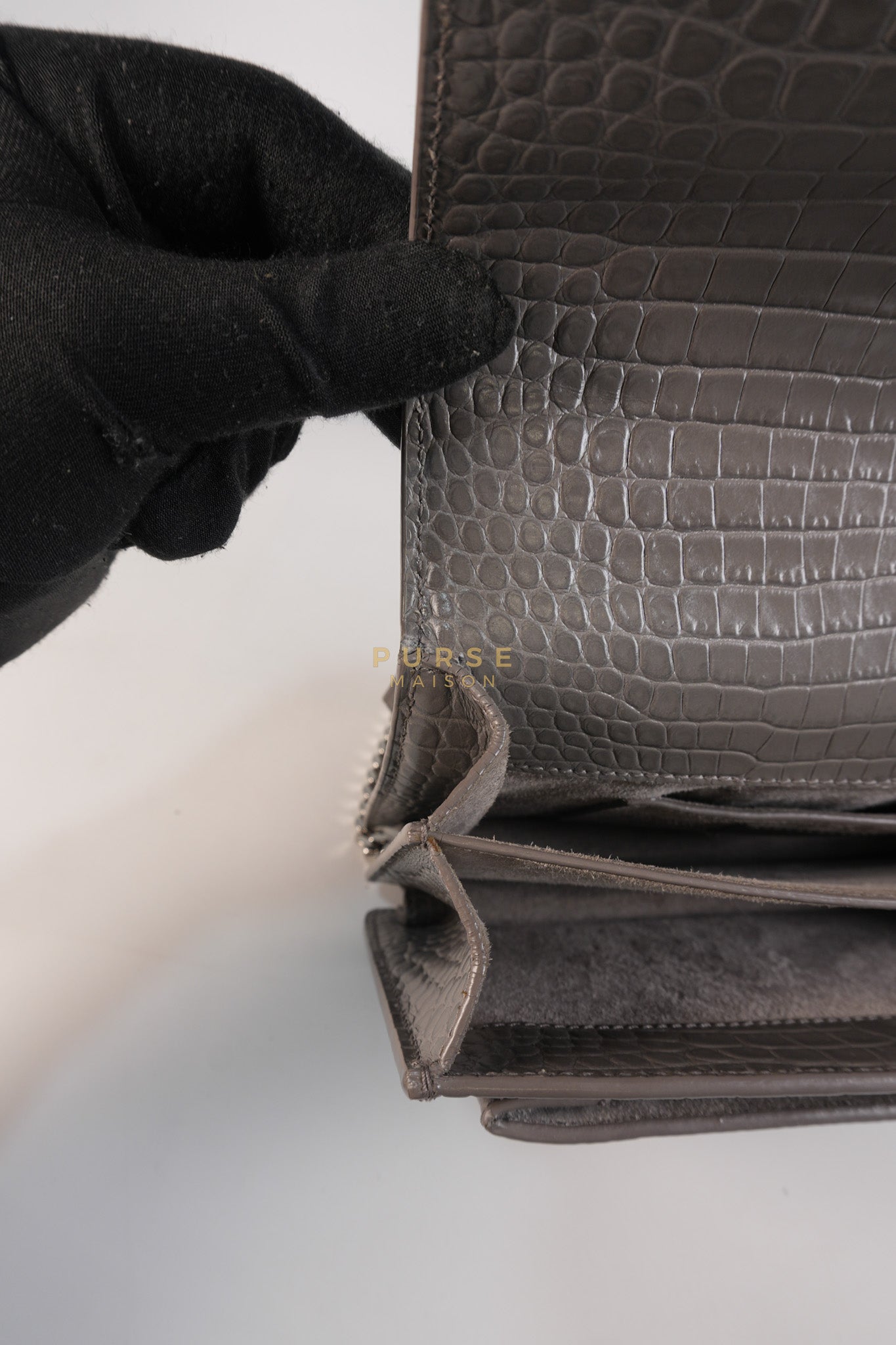 Sunset Bag in Gray Croc-Embossed Leather & Silver Hardware | Purse Maison Luxury Bags Shop