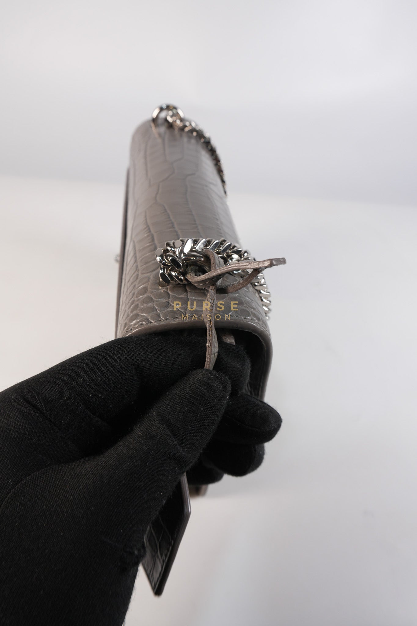 Sunset Bag in Gray Croc-Embossed Leather & Silver Hardware | Purse Maison Luxury Bags Shop