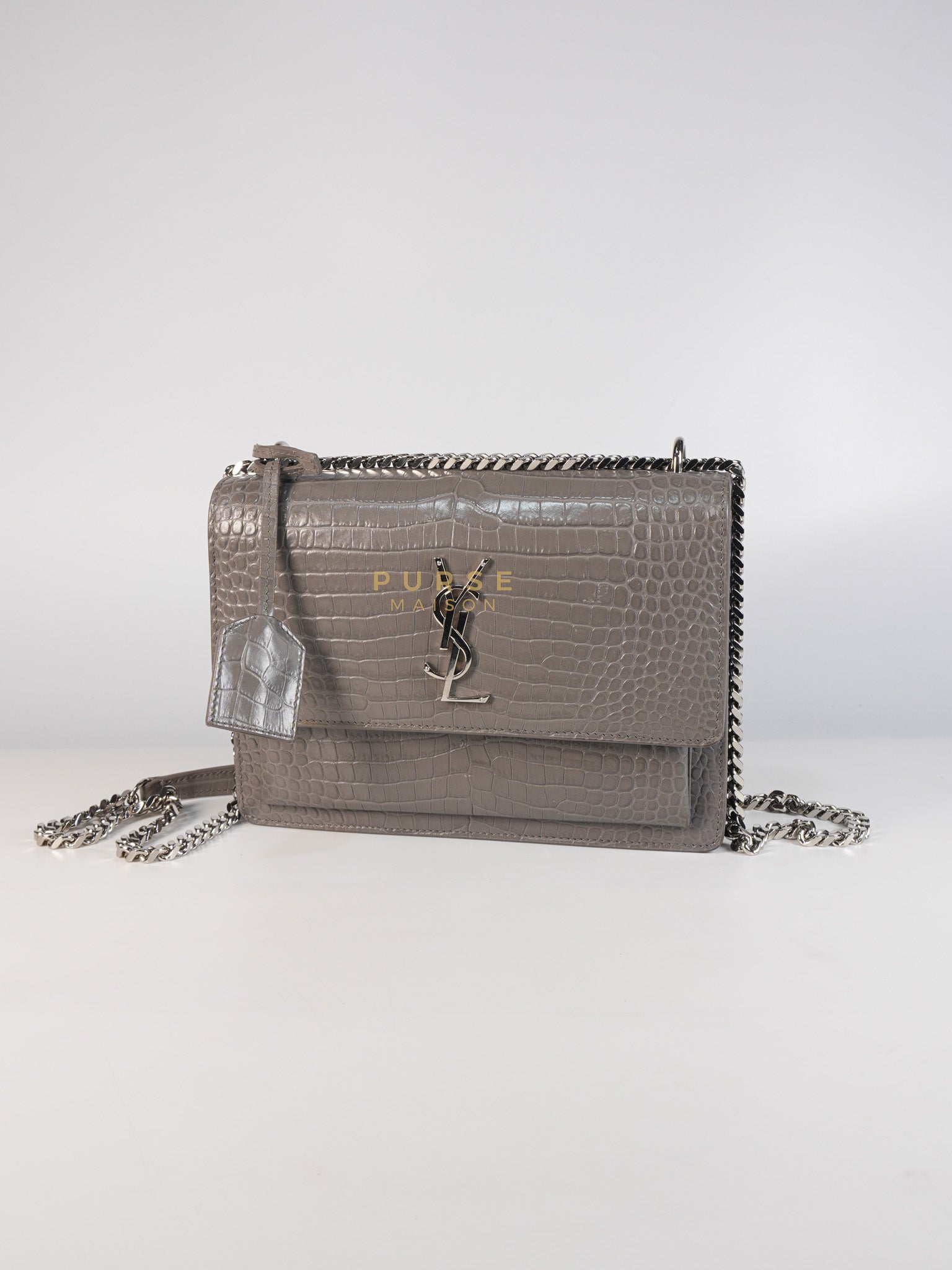 Sunset Bag in Gray Croc-Embossed Leather & Silver Hardware | Purse Maison Luxury Bags Shop