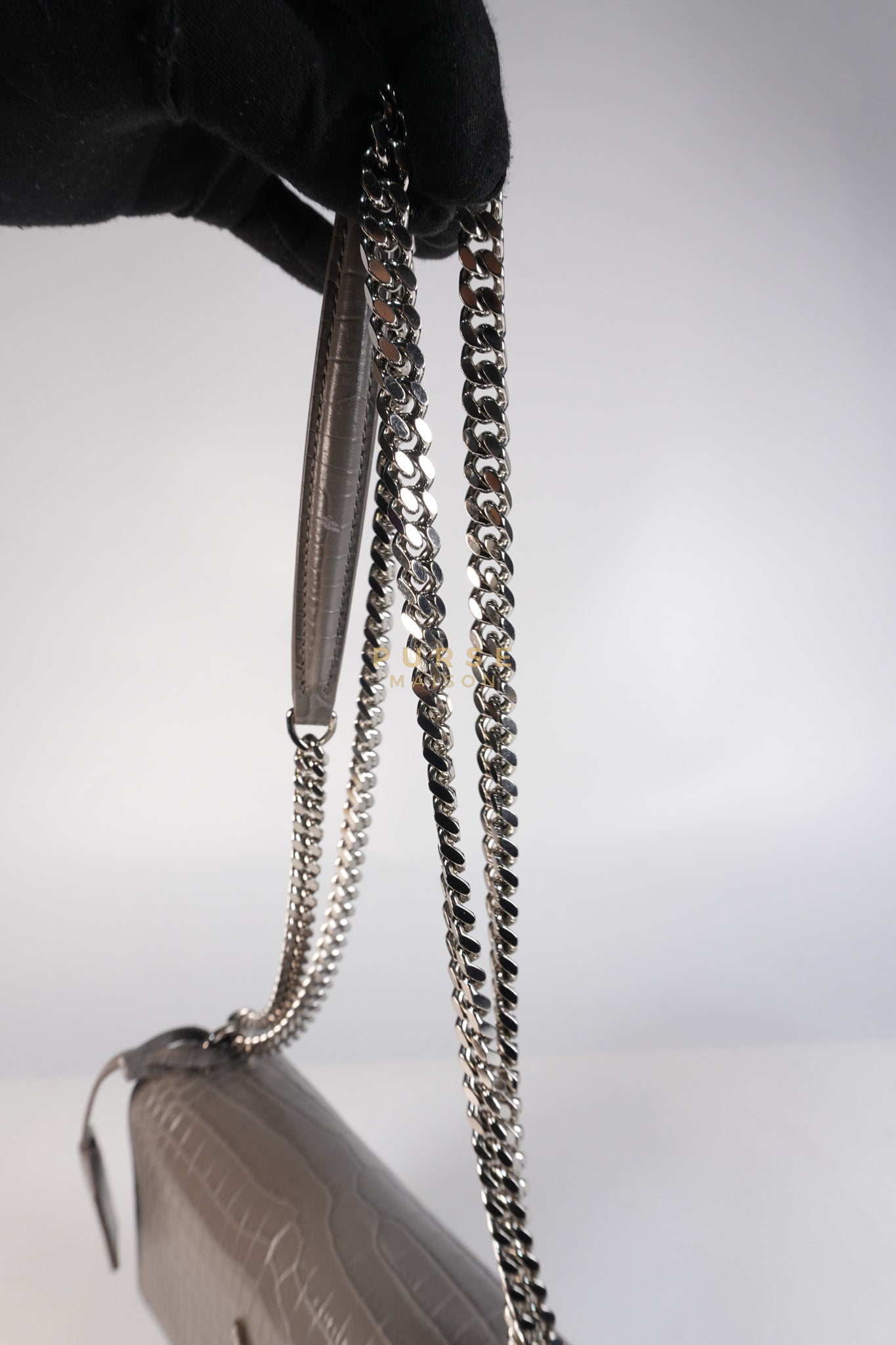 Sunset Bag in Gray Croc-Embossed Leather & Silver Hardware | Purse Maison Luxury Bags Shop