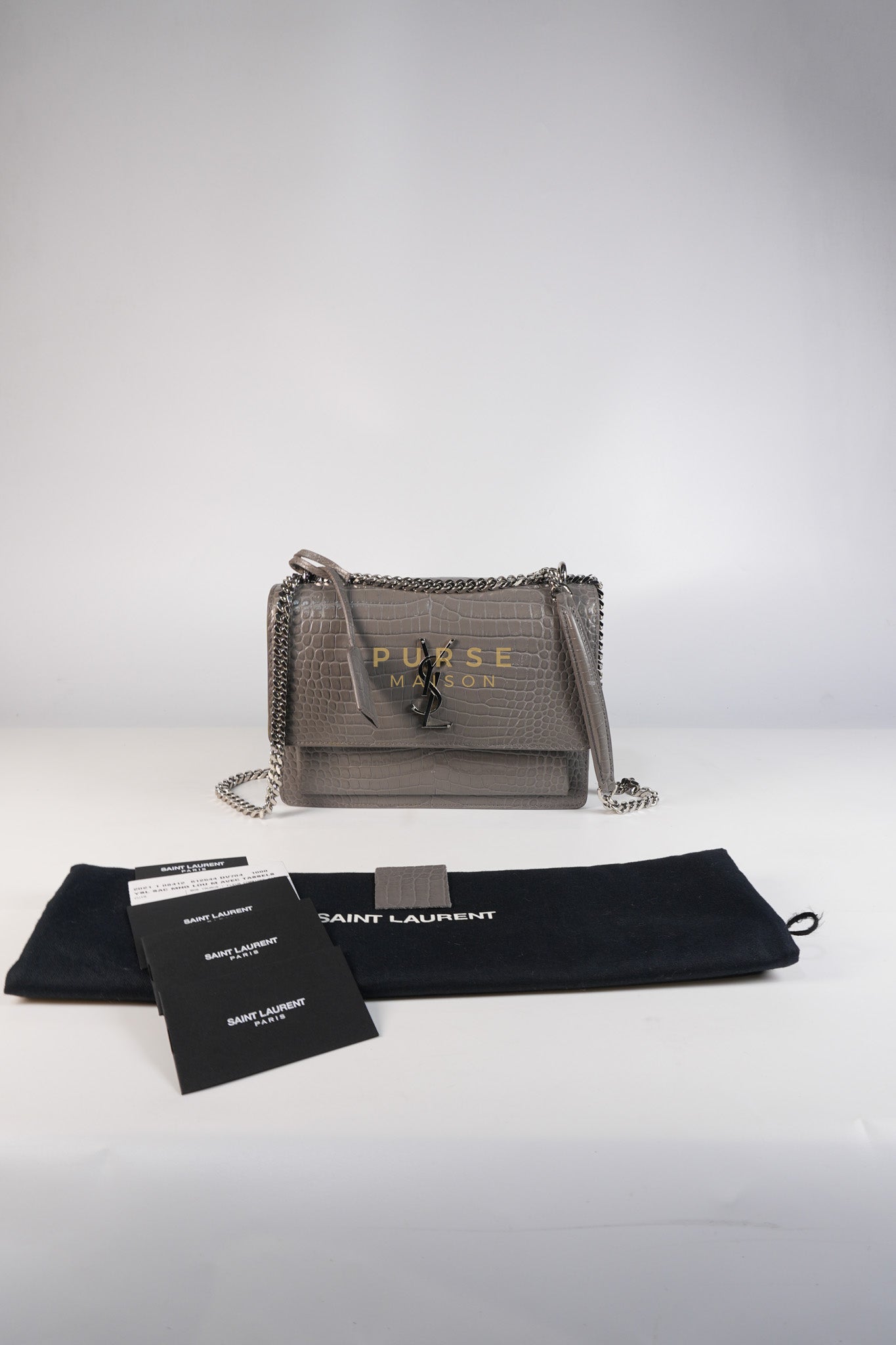 Sunset Bag in Gray Croc-Embossed Leather & Silver Hardware | Purse Maison Luxury Bags Shop