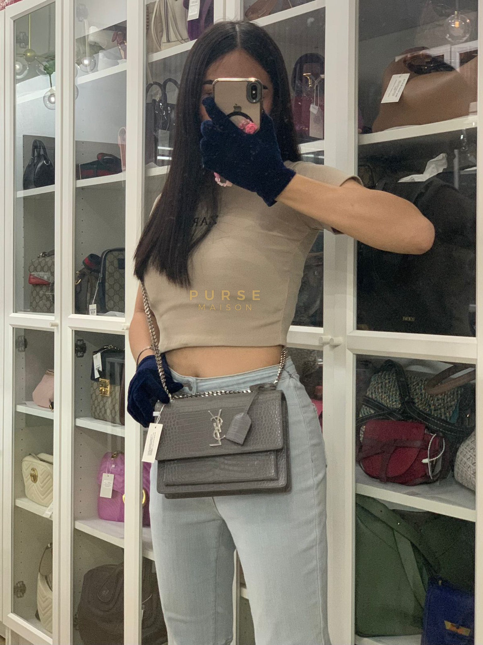 Sunset Bag in Gray Croc-Embossed Leather & Silver Hardware | Purse Maison Luxury Bags Shop