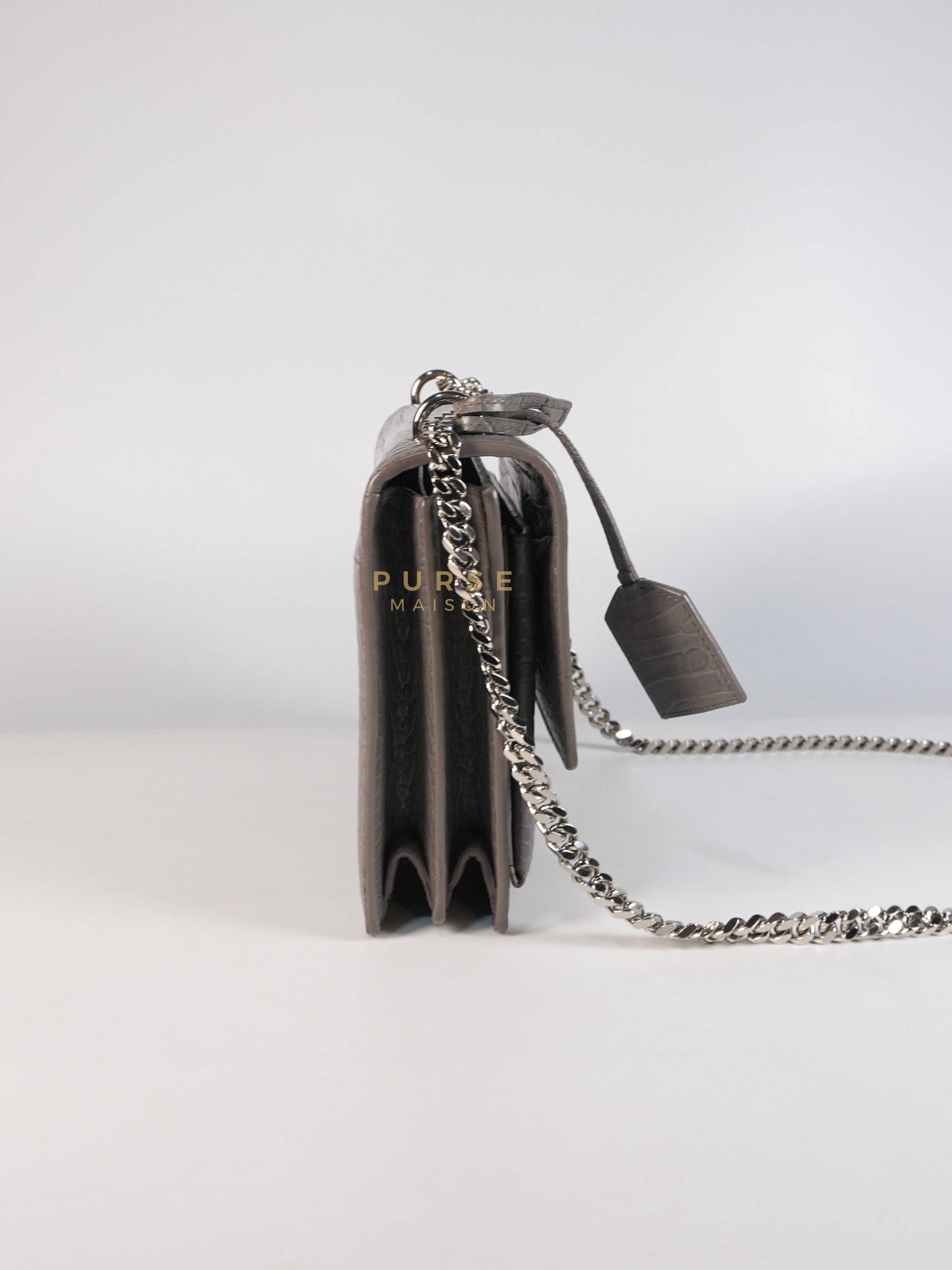Sunset Bag in Gray Croc-Embossed Leather & Silver Hardware | Purse Maison Luxury Bags Shop